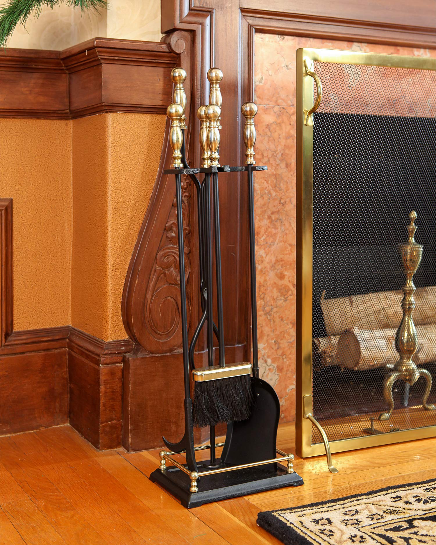 Premium Oxford 5-Piece Fireplace Tool Set - Polished Brass & Black Finish - Heavy Duty Fireplace Accessories for Wood Burning Stoves, Fire Pits & Home Decor