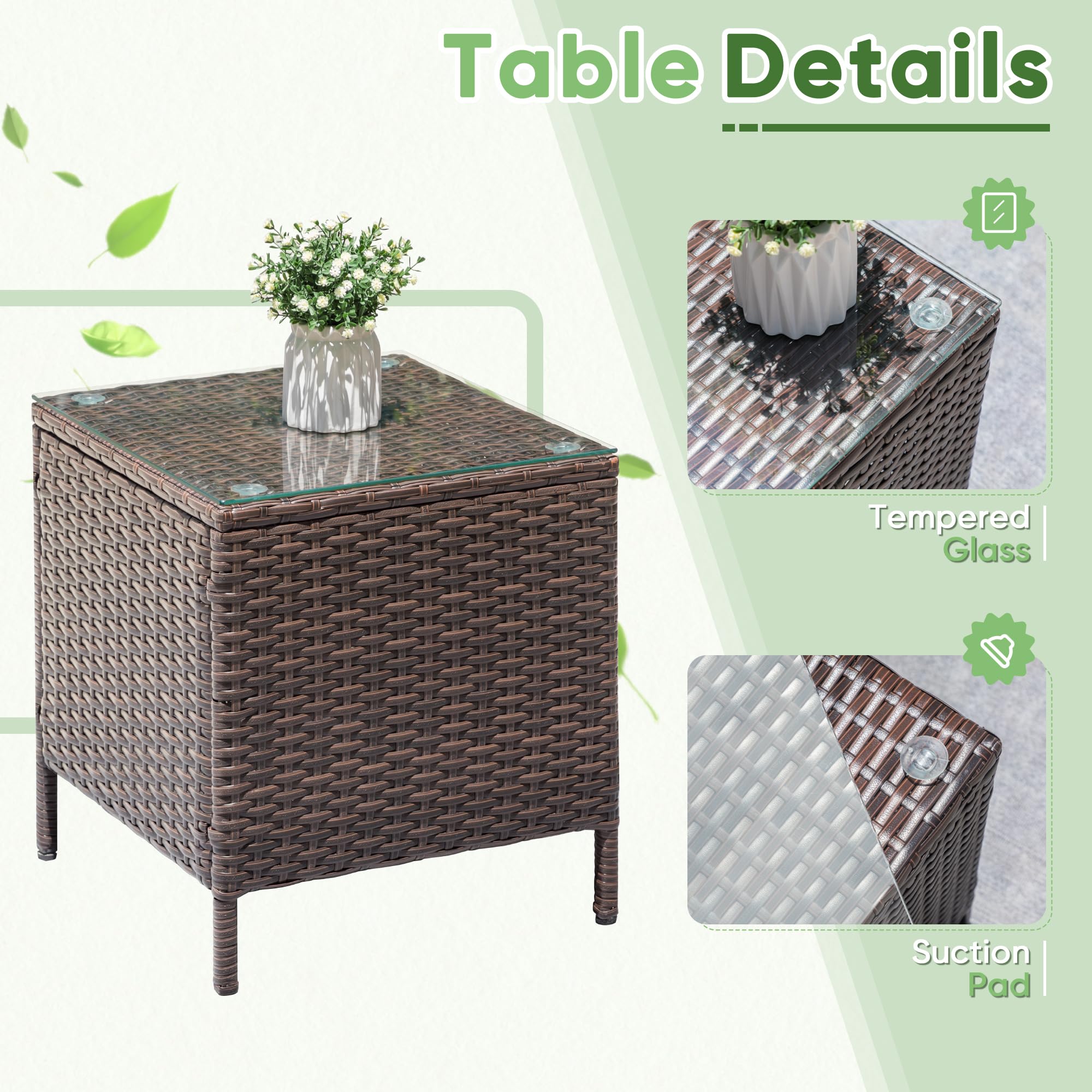 Greesum 3-Piece Outdoor Patio Dining Set - PE Rattan Wicker Chairs with Cushions & Glass Coffee Table - Brown & Beige Garden Furniture for Backyard, Poolside, and Outdoor Entertaining