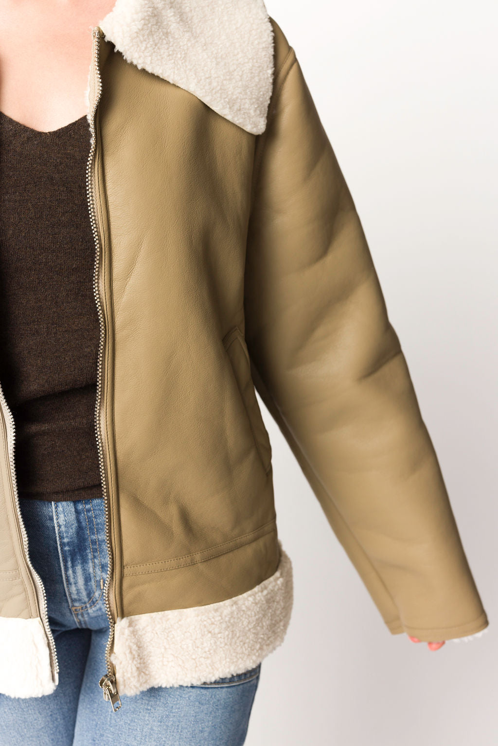 Sammy Vegan Leather & Shearling Jacket for Women - Sandstone Color, Winter Warm Coat, Faux Fur Lined, Stylish Outerwear for Casual Outings & Cold Weather Fashion