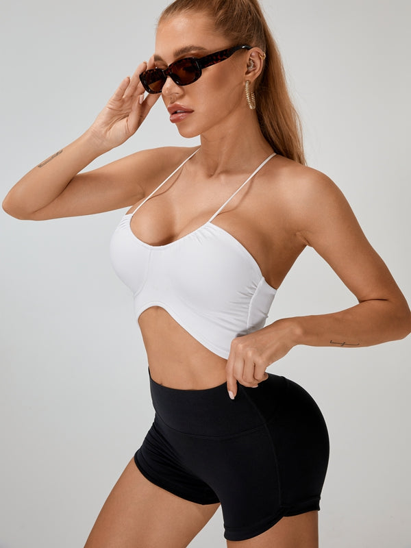 ZASUWA Women's Scrunch Bum Halter Folds Pleated Backless Short Tracksuit - Sexy Gym Outfit for Yoga, Running & Workout