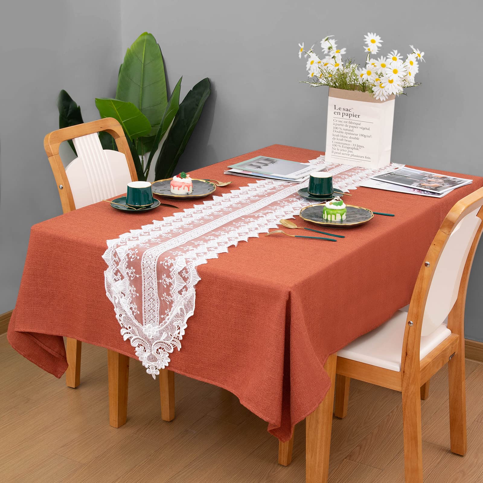 Dark Orange Linen Tablecloth 57x57 Inch - Waterproof, Wrinkle-Resistant, Anti-Shrink Rectangular Table Cover with Lotus Effect for Dining, Parties & Outdoor Use