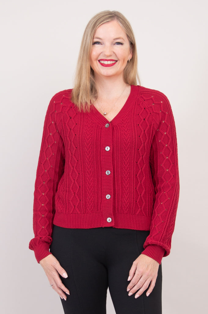Bena Women's Red Cotton Cardigan Sweater - Soft & Comfortable Open Front Knit Wrap for Fall & Winter - Perfect for Casual Outfits, Office Wear, and Cozy Layering