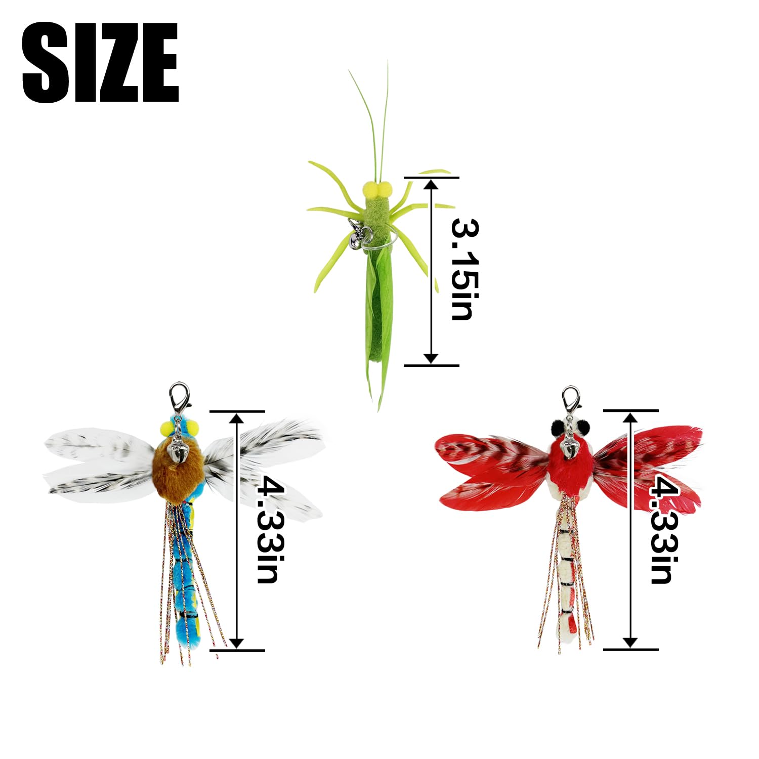 3 Pack Cat Feather Toys - Realistic Insect Simulation (Dragonfly & Grasshopper) Refill Feathers for Cat Wand Toys - Interactive Play for Kittens & Adult Cats - Perfect for Indoor Exercise & Bonding