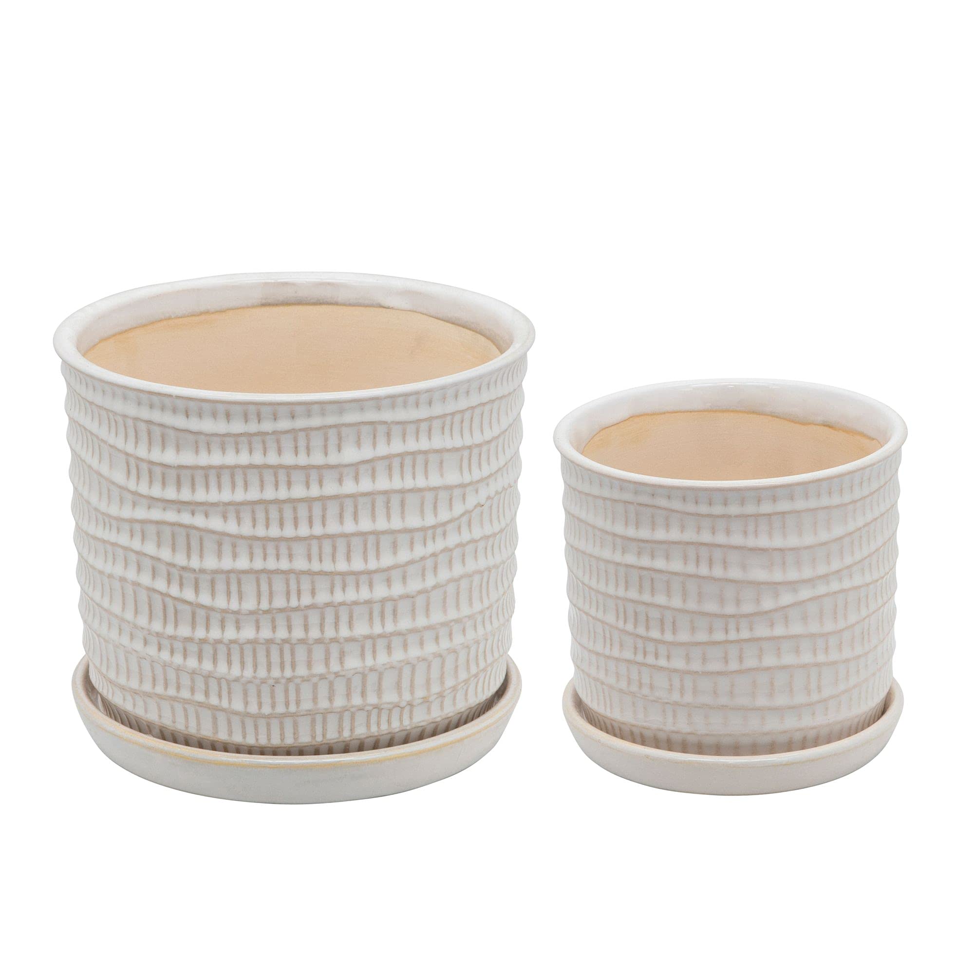 Set of 2 Ivory and Beige Textured Ceramic Plant Pots with Saucers - 8 Inch Modern Decorative Flower Planters for Indoor Plants, Home Decor, Living Room, Office & Garden