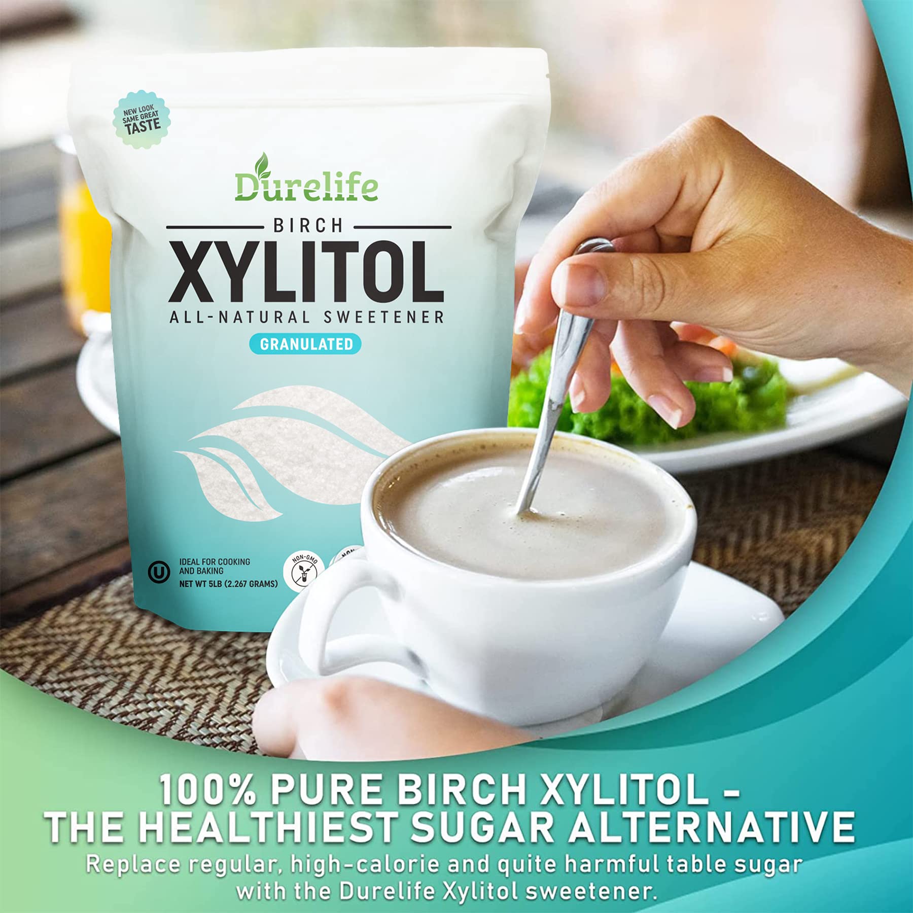 DureLife XYLITOL Sugar Substitute 2.5 LB (40 OZ) - 100% Pure Birch Xylitol, Non-GMO, Gluten-Free, Kosher - Natural Sugar Alternative for Baking, Coffee & Healthy Lifestyle