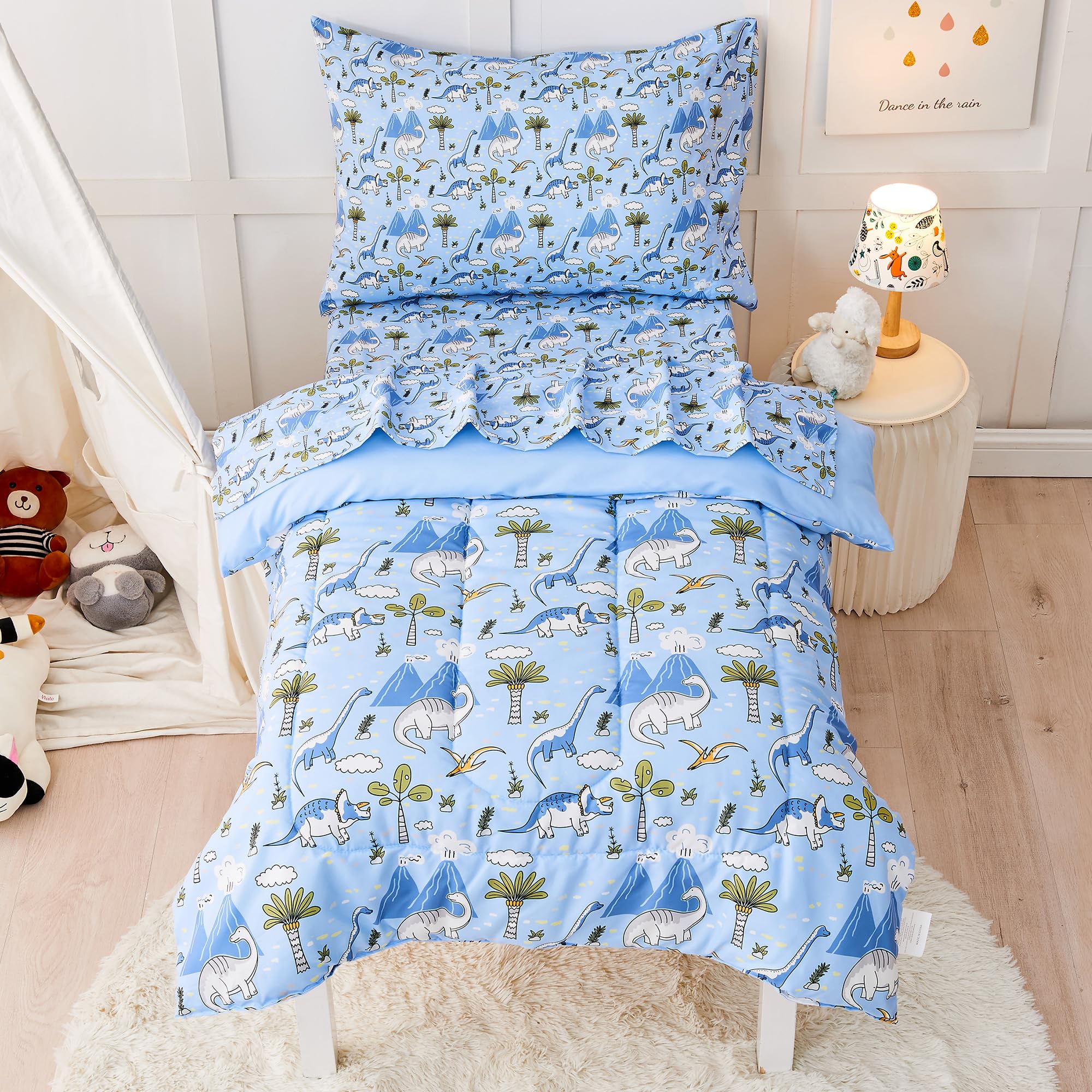 Dinosaur Toddler Bedding Set 4-Piece - Super Soft Microfiber Comforter for Boys & Kids | Bed-in-a-Bag Nursery Decor | Perfect for Dinosaur Themed Bedrooms & Playrooms