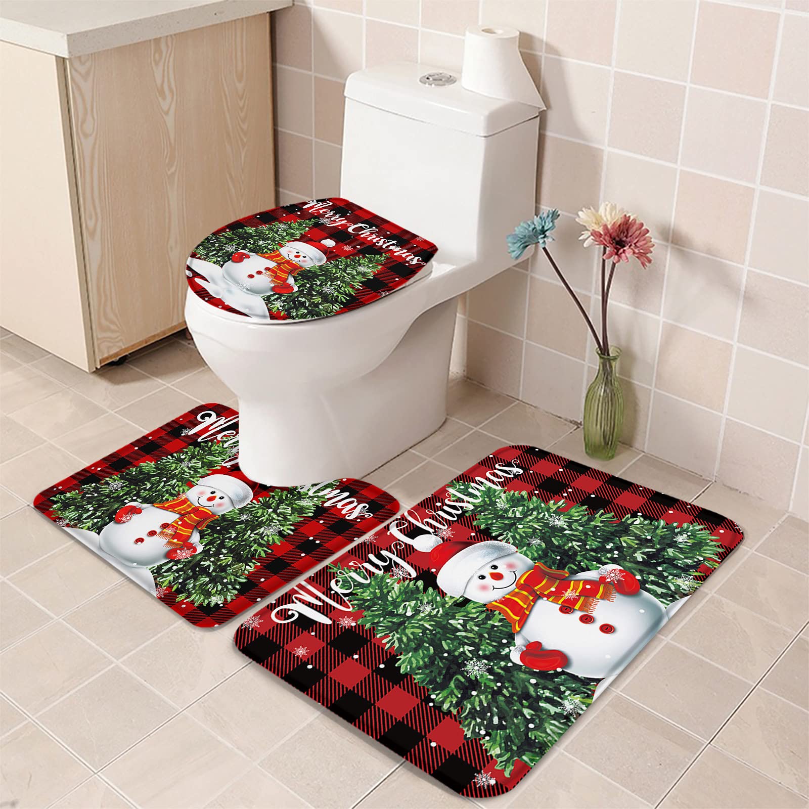 3-Piece Non-Slip Christmas Bathroom Rug Set - Snowman Tree Design Absorbent Shower Mat, Contour Mat & Toilet Cover (Red Checkered) for Holiday Decor & Cozy Bathroom Safety