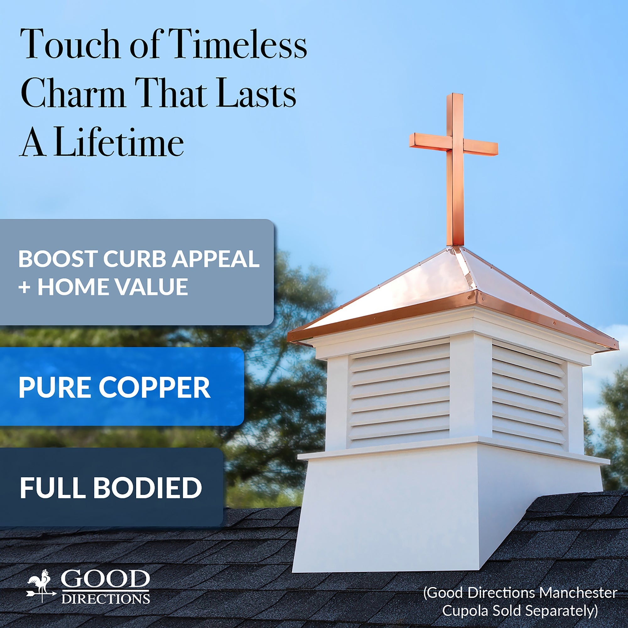 Good Directions Pure Copper Cross Finial - Elegant Outdoor & Indoor Decorative Accent for Fences, Gates, and Home Decor