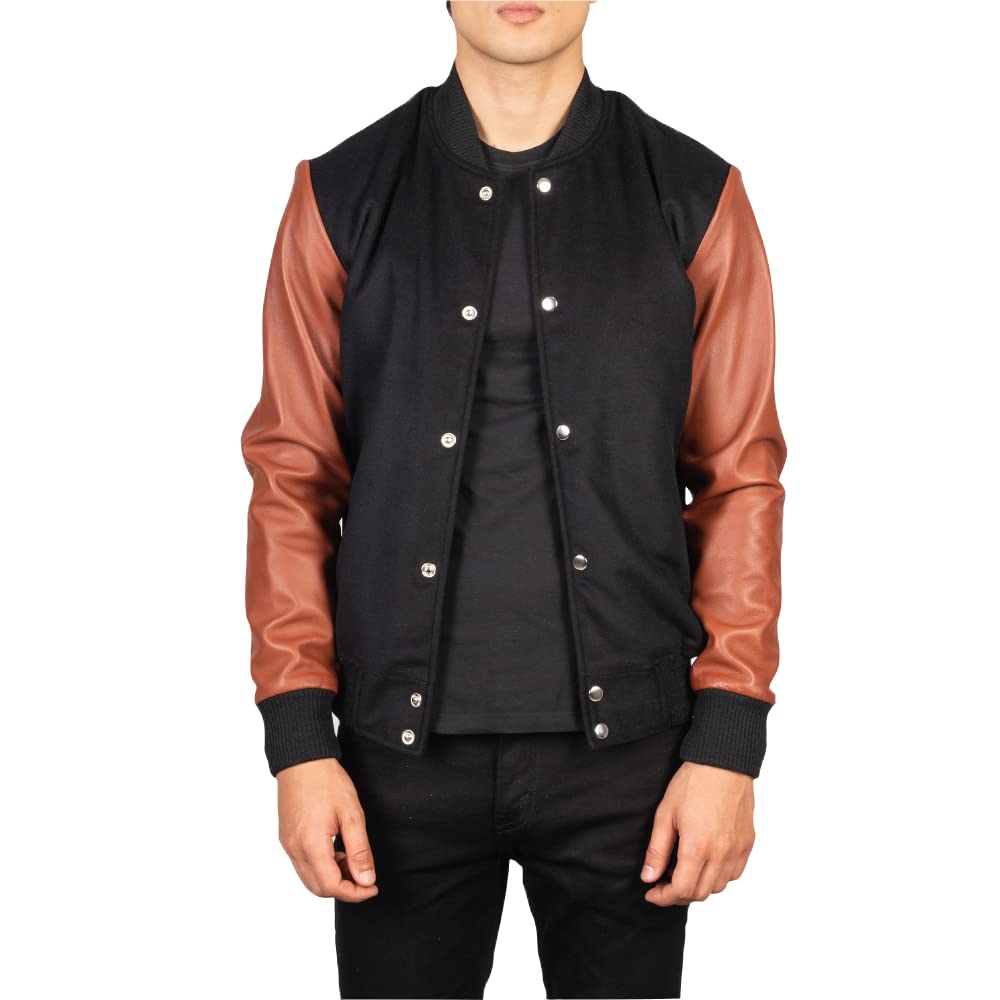 Men's Varsity Jacket Letterman - Black & Brown Leather Sleeves Baseball Jacket | Lightweight Letterman Jacket for School, Sports & Casual Wear