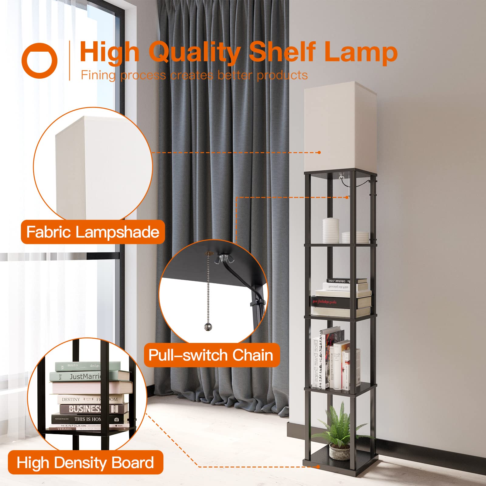 Addlon 5-Tier Modern Shelf Floor Lamp with 3CCT LED Bulb - Adjustable Brightness Display Lamp for Living Room, Bedroom, Office - Black - Perfect for Reading, Decor & Space Saving