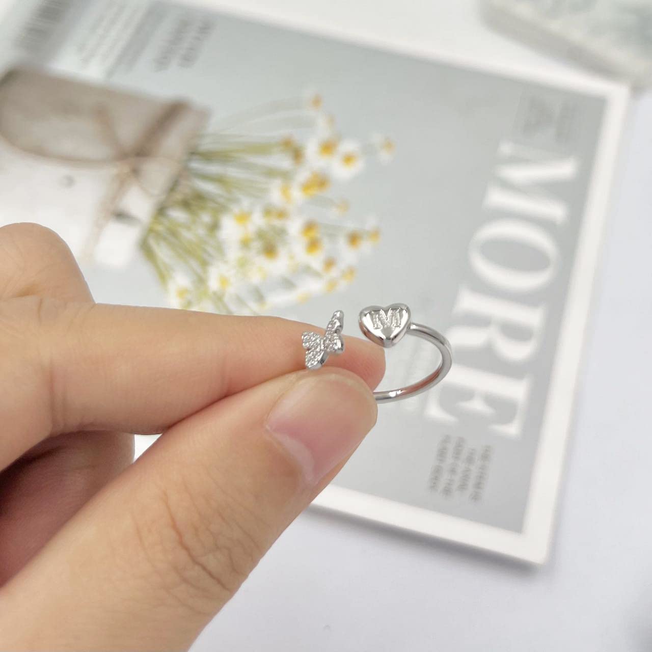 Personalized Silver Initial Rings for Women - Stackable Butterfly Alphabet Letter Rings with Crystal - Adjustable Open Design for Custom Monogram Jewelry - Perfect for Gifts, Stacking, and Everyday Wear
