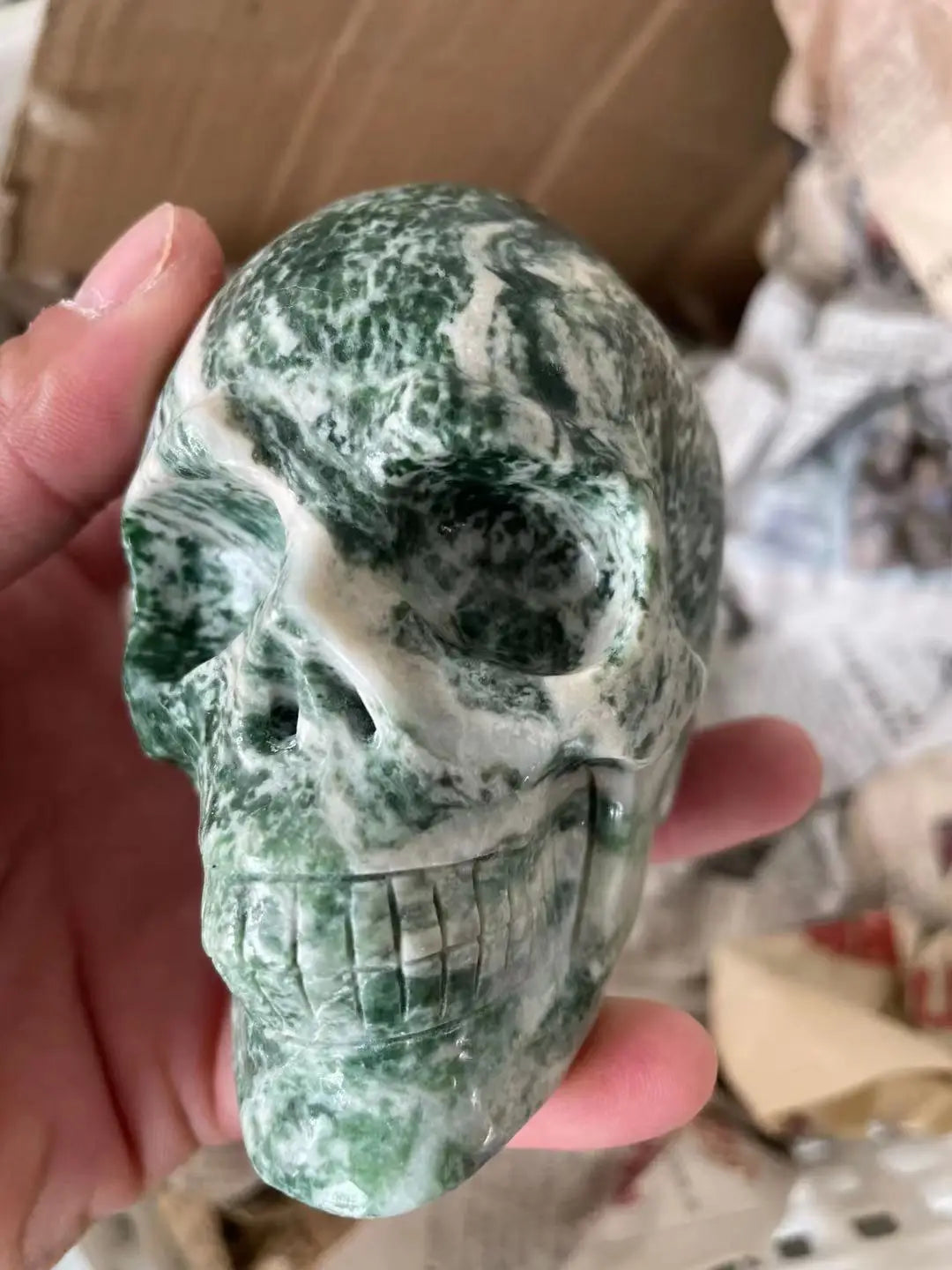 African Green Skull Statuettes - Hand-Carved Natural Stone Sculptures for Home Decor & Mineral Healing | Unique Gothic Art Collection for Meditation, Altar, or Spiritual Spaces