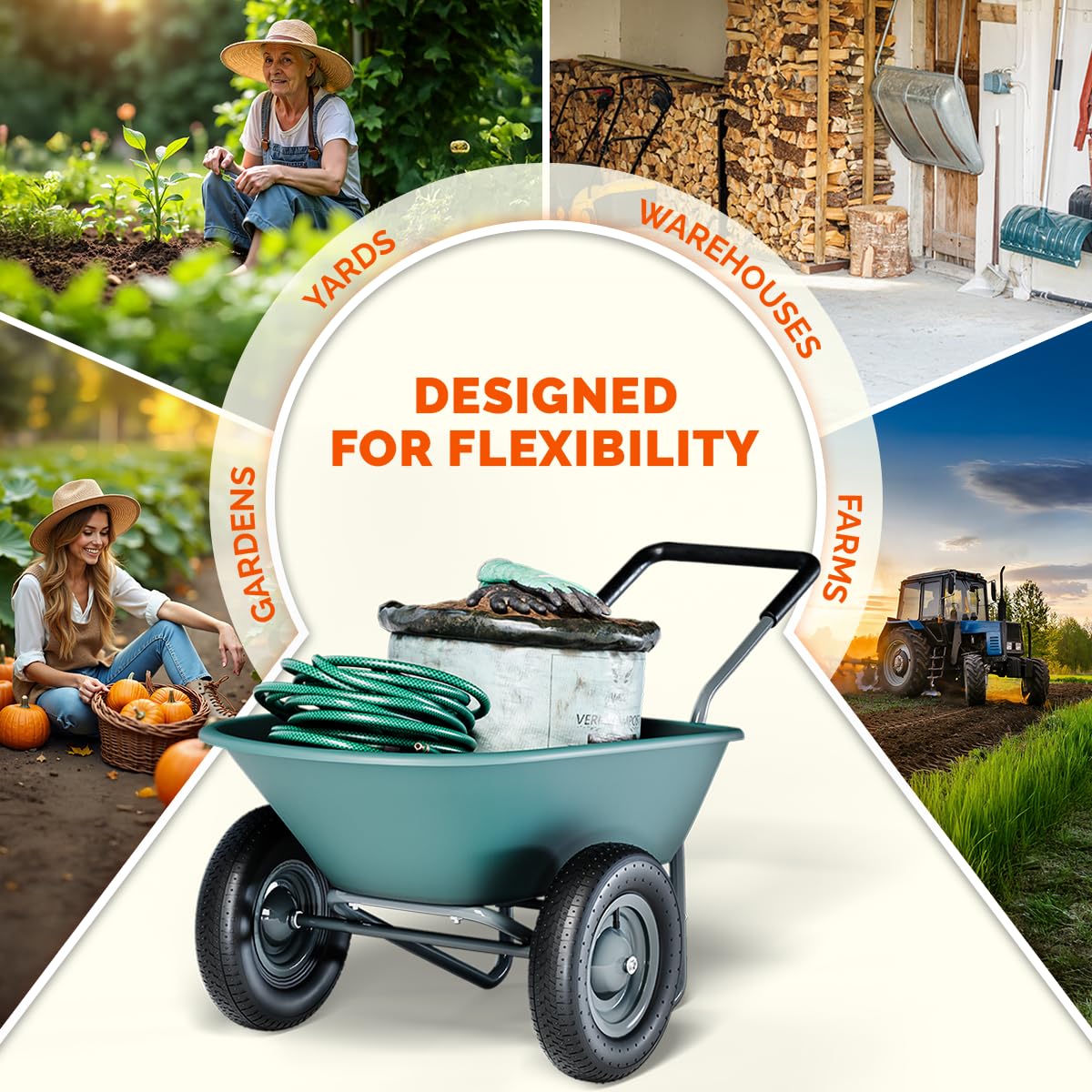 Upgraded 2-Wheel Wheelbarrow & Yard Cart with Padded Handlebar - 14