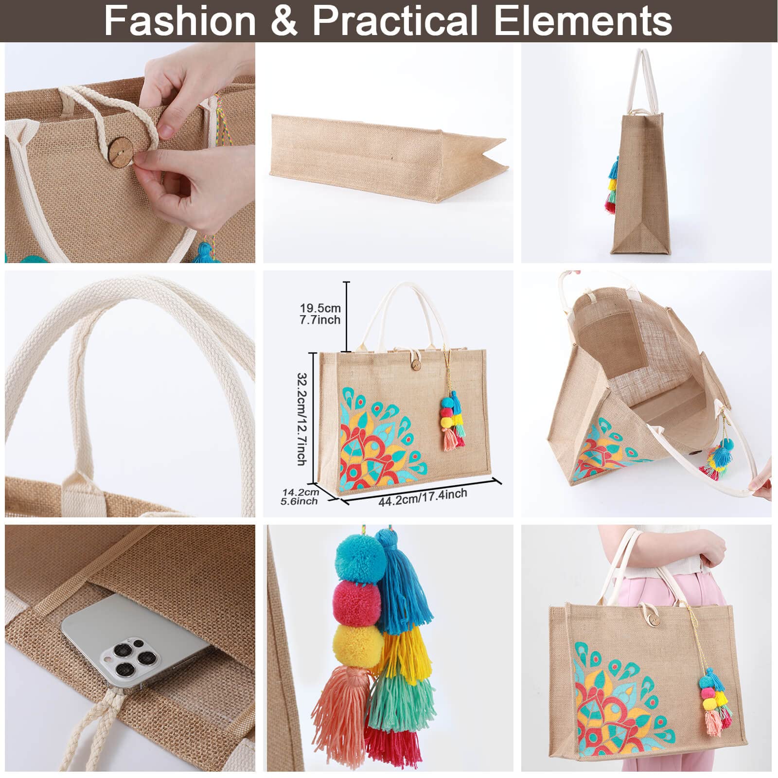 Stylish Straw Beach Tote Bag for Women - Vinyl Lined with Tassel Pockets - Perfect Jute Vacation Bag for Summer, Pool & Beach Trips - Great Summer Gift Idea for Her