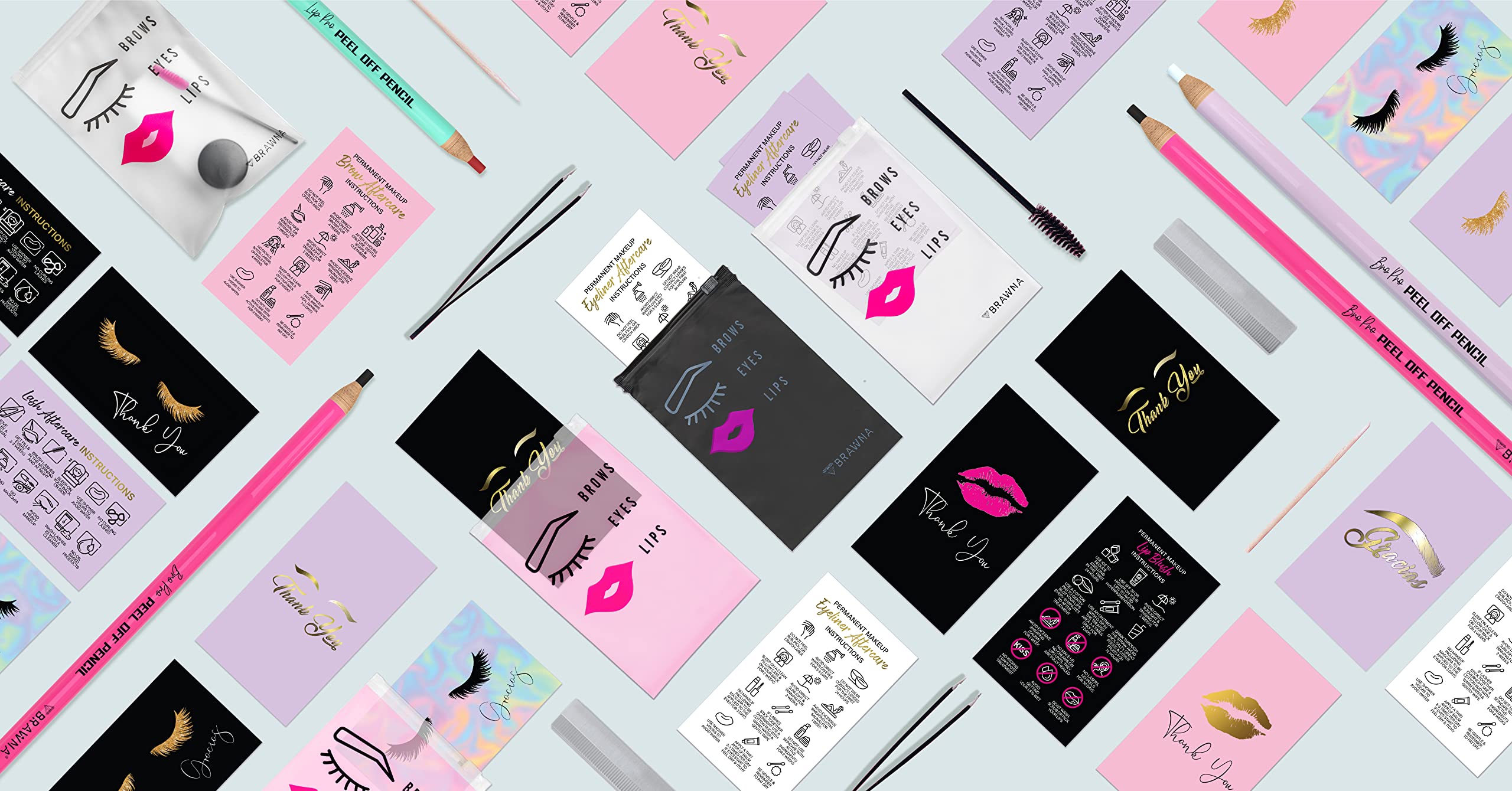 BRAWNA 50 Pack Permanent Makeup Aftercare Cards for Eyeliner & Microblading - Thank You Cards for PMU Clients - Spanish/English Bilingual - Pink PMU Supplies Kit - Perfect for Tattoo Artists & Beauty Salons