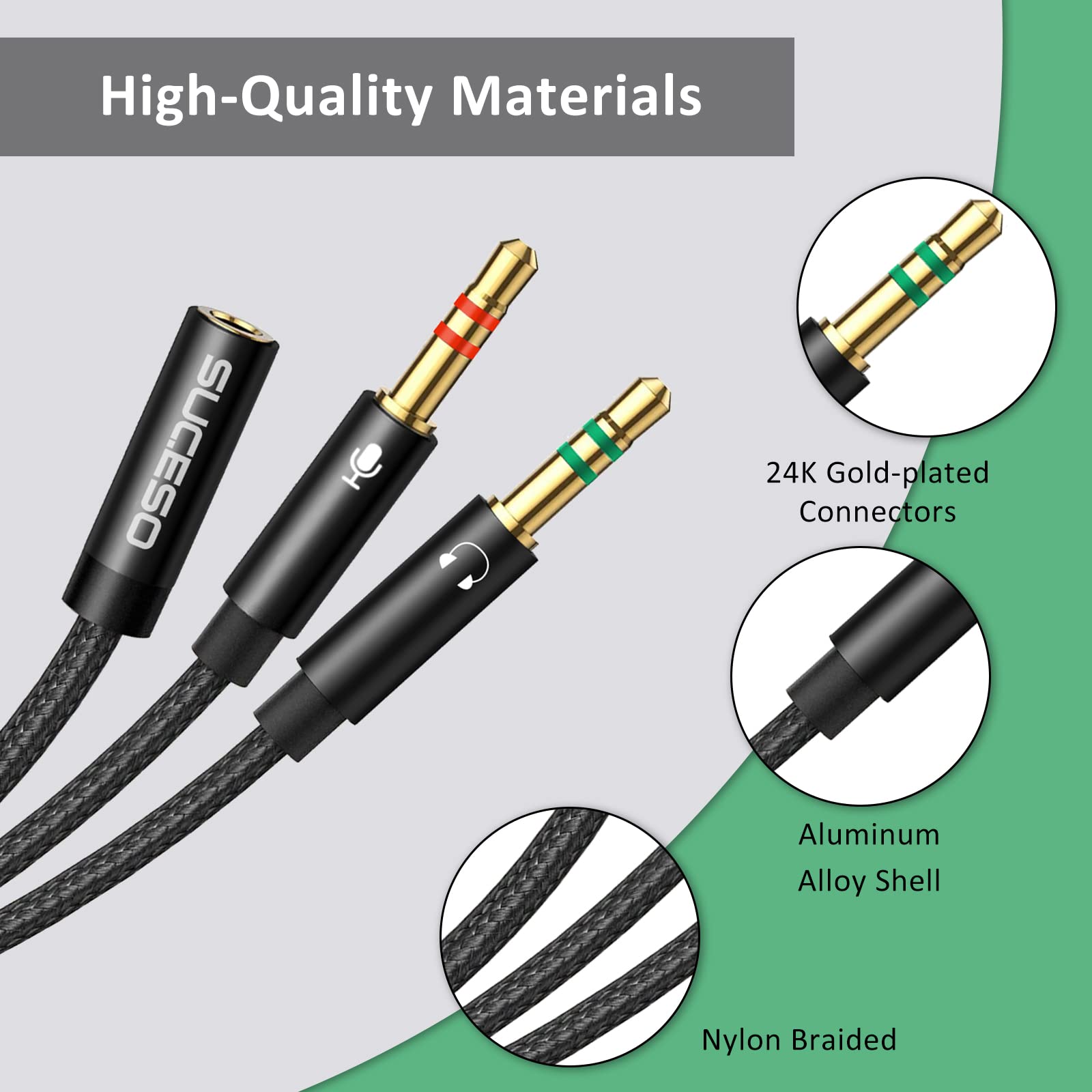 SUCESO 3.5mm Headphone Mic Splitter Cable - CTIA Standard Headset Adapter, Female to Dual Male Audio Y Splitter (1m Black) for PC, Computer, Xbox Gaming Headset, Speaker - Perfect for Gaming, Streaming & Conference Calls