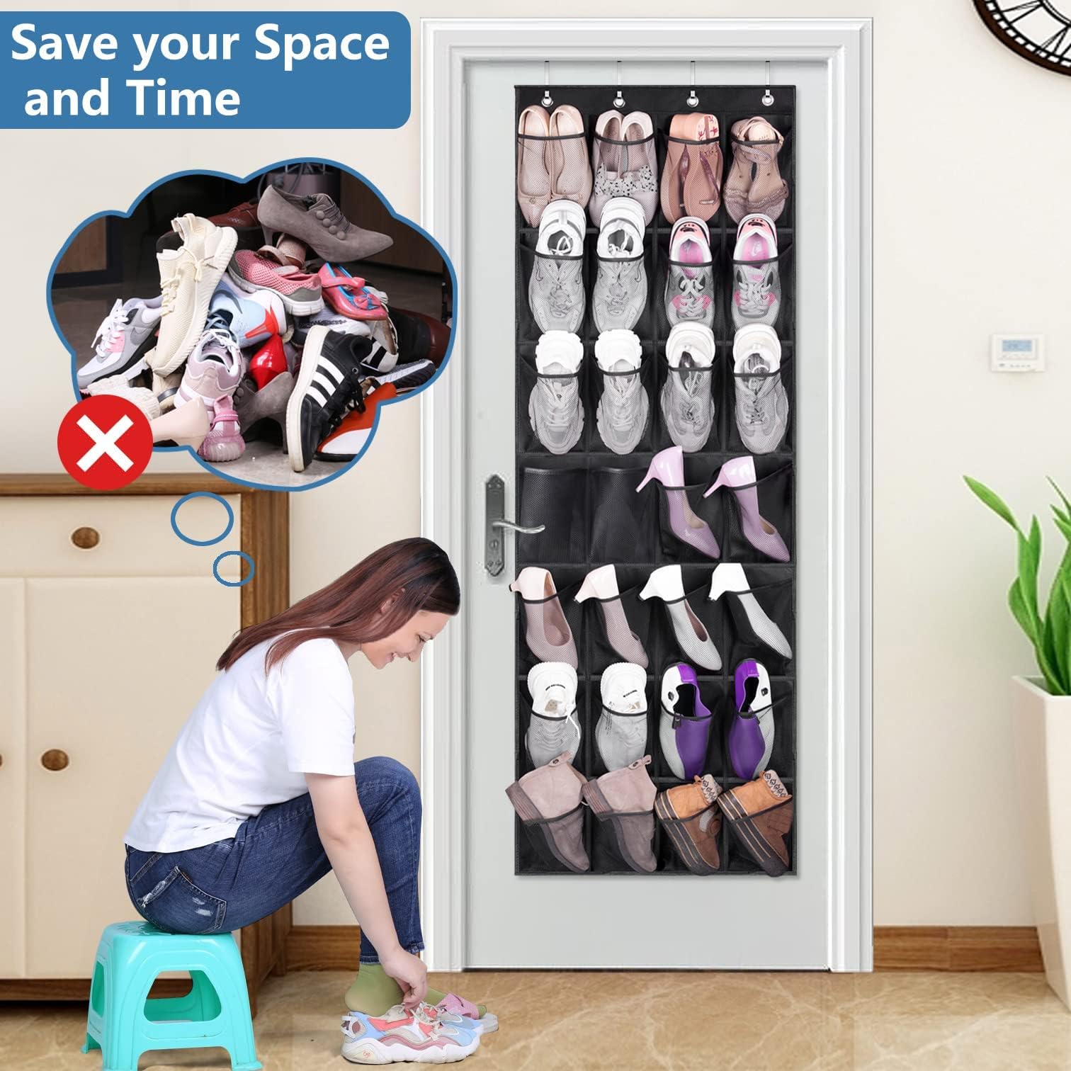 24-Pocket Over The Door Shoe Organizer with Mesh Storage - Space Saving Hanging Shoe Rack for Sneakers, Sandals & Heels - Perfect for Closet, Bedroom & Dorm Organization