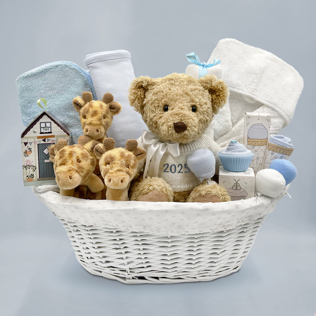 Personalized My First Year Giraffe Baby Gift Basket - Blue Baby Shower Gift for Newborns, 1st Birthday, Christening & Nursery Decor