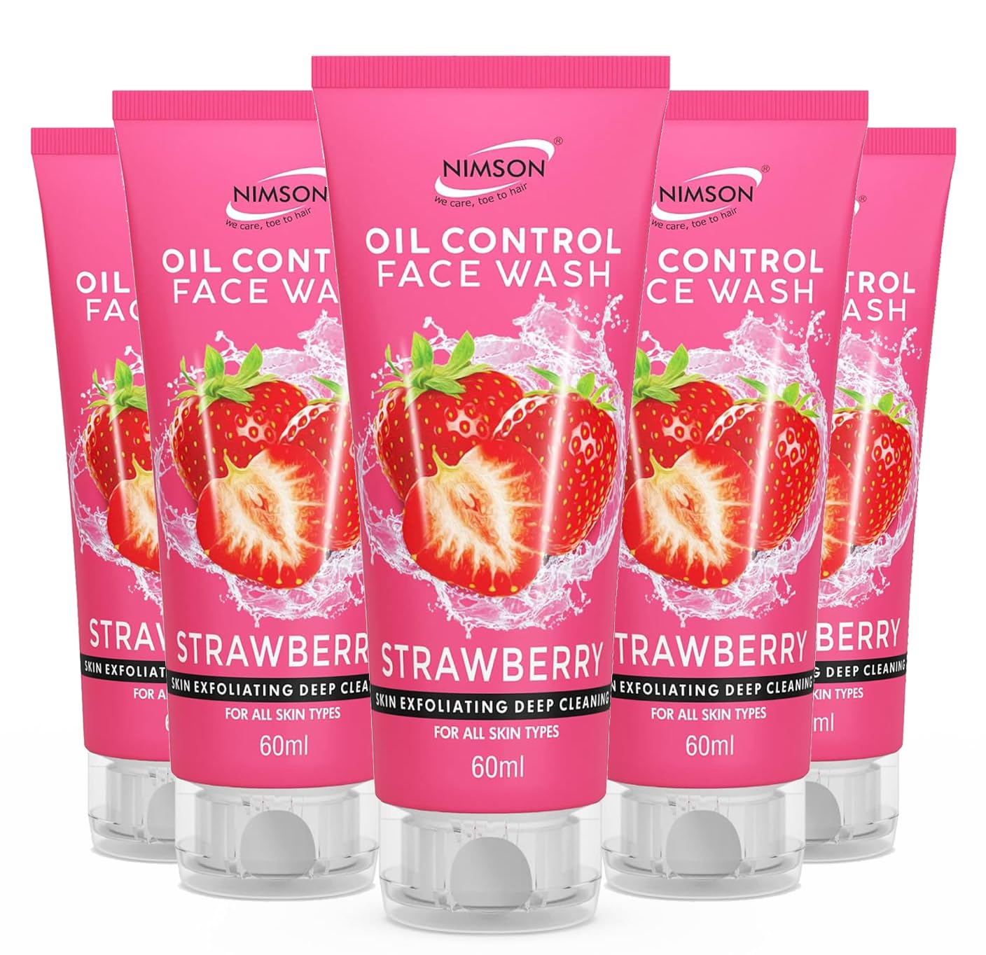 Nimson Oil Control Strawberry Face Wash - Deep Cleaning & Exfoliation for All Skin Types, 60ml (Pack of 5) - Perfect for Daily Skincare Routine & Acne-Prone Skin