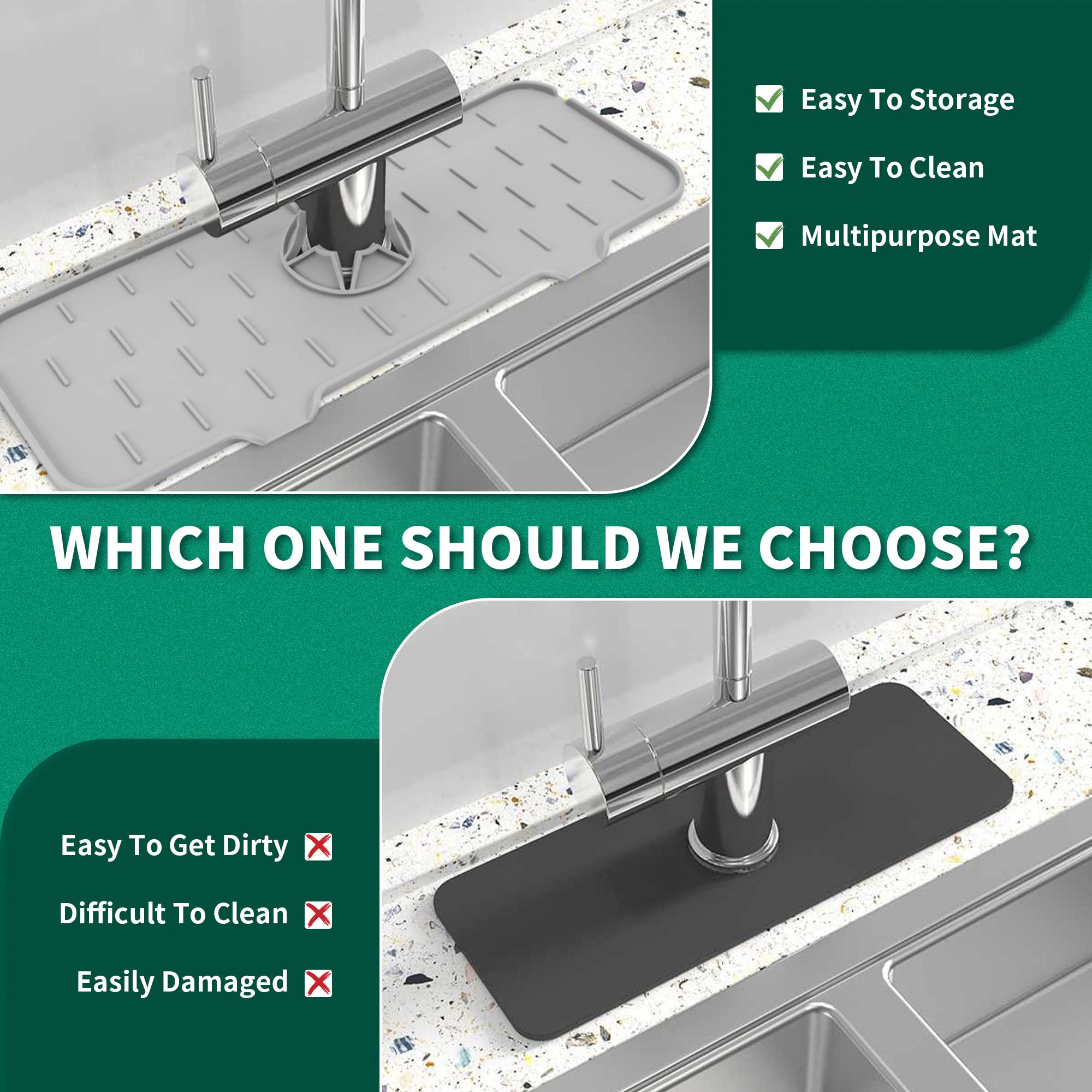 SILATU Silicone Faucet Mat 2-Pack - Non-Slip Kitchen Sink Splash Guard & Drip Catcher, Water Absorbent Drying Mat for Countertop Protection (Grey & Black) | Perfect for Kitchen & Bathroom Sink Areas to Prevent Water Spills & Stains