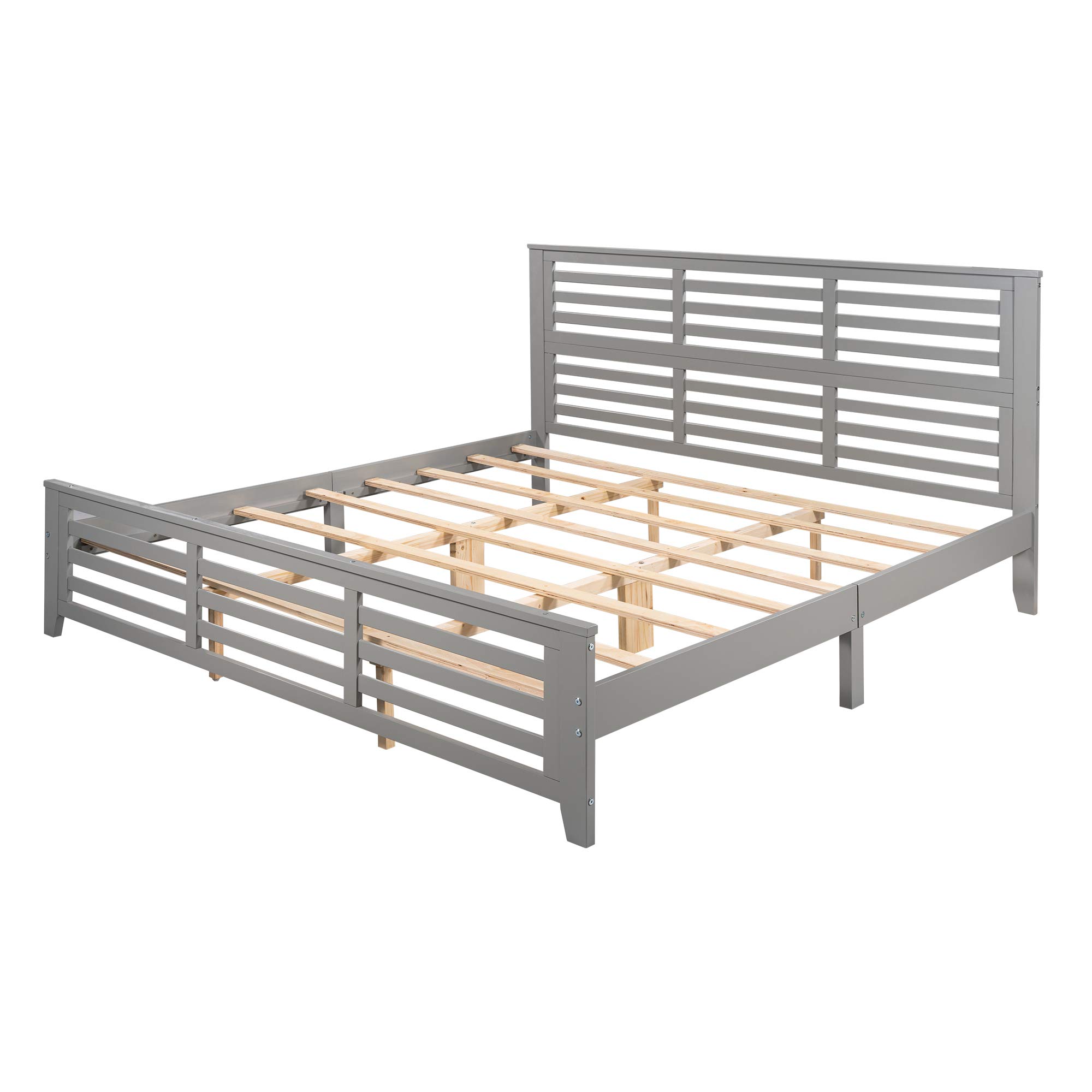 Modern Grey Wooden Platform Bed Frame - King Size with Wood Slat Support for Kids, Teens & Adults | Sturdy Bedroom Furniture for Master Bedroom, Guest Room & Dorm