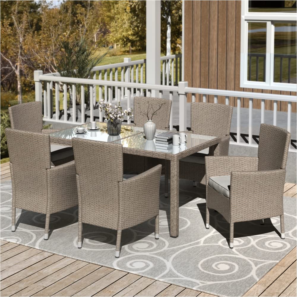 HHXX 7-Piece Outdoor Wicker Dining Set - Beige Brown Rattan Patio Furniture with Cushions for Garden, Terrace & Backyard Dining | Perfect for Outdoor Entertaining & Relaxation