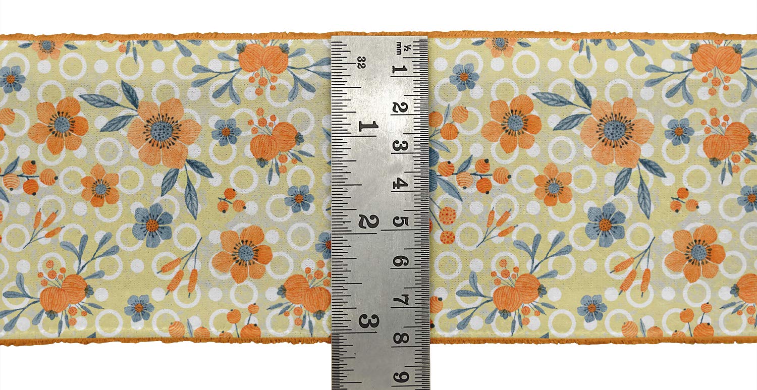 Orange Circle Berries & Primula Stripe Floral Printed Velvet Ribbon Trim - 9 Yards x 4 Inches Wide - Premium Craft Lace for Sewing, DIY Projects, Gift Wrapping, Hair Bows and Home Decor Accessories
