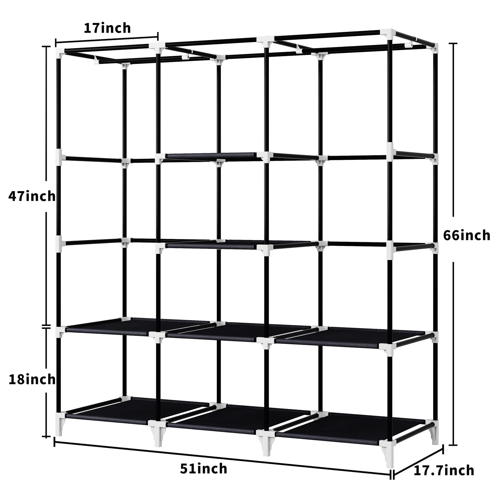 Portable Closet Organizer - 51 Inch Wardrobe with 2 Hanging Rods & 8 Storage Shelves for Bedroom - Durable Easy Assembly Clothes Rack for Small Spaces, Apartments, Dorms - Black (Ideal for Seasonal Storage & Guest Room Organization)