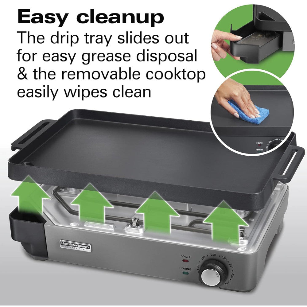 Refurbished Hamilton Beach Professional 38560 Indoor Electric Grill & Griddle - Certified Home Essentials Warranty | Perfect for Small Kitchens, Dorm Rooms & Quick Meals