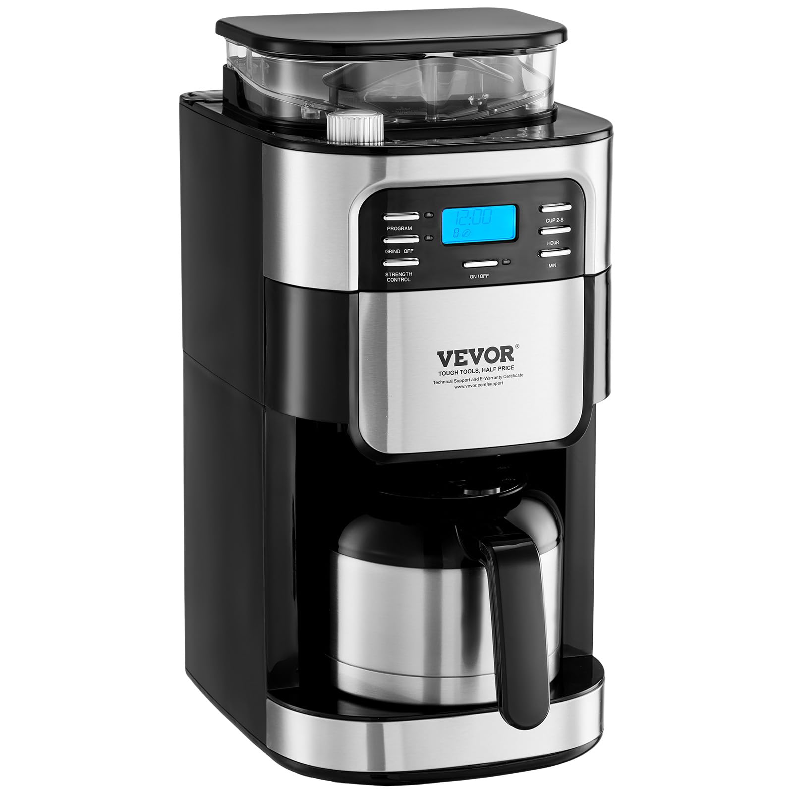 VEVOR 8 Cup Coffee Maker with Built-in Grinder, 3 Brew Strength Control & 24-Hour Auto Brew Timer - Perfect for Home, Office, and Restaurant Use