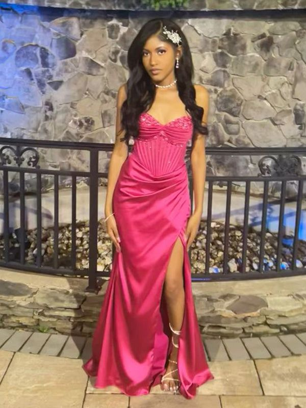Elegant Hot Pink Mermaid Slit Long Prom Dress for Women - Perfect for Evening Parties, Homecoming, and Formal Events - J5173