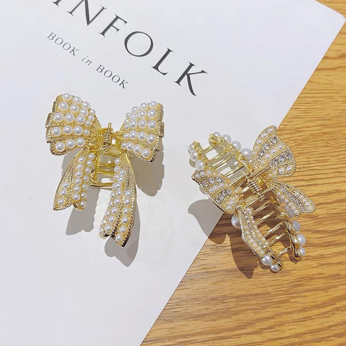 4 Pcs Bow Diamond Pearl Hair Clips for Women & Girls - Non-Slip Strong Hold Jaw Clips for Thin & Thick Hair - Elegant Hair Accessories for Weddings, Parties & Daily Wear