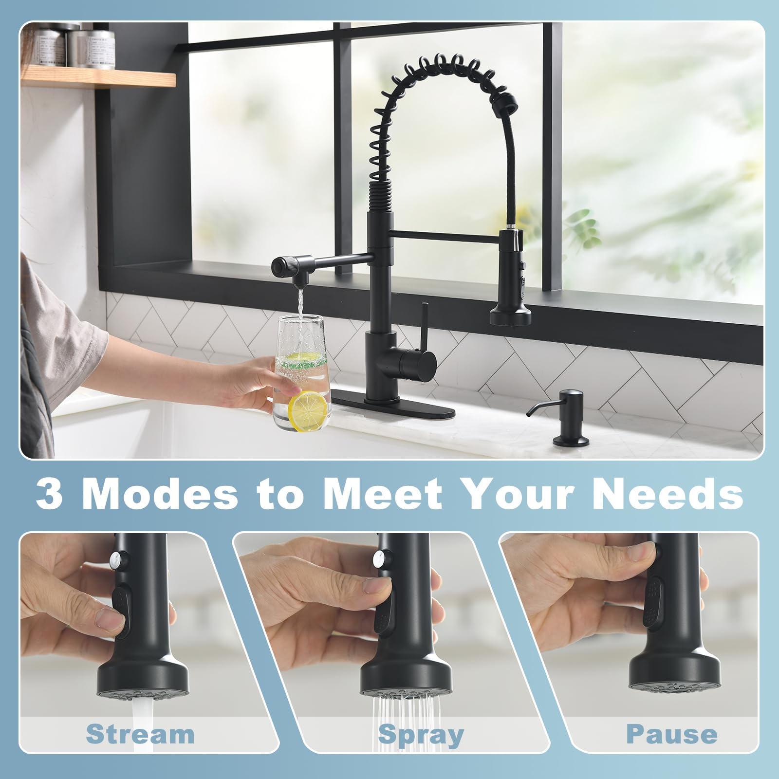 GIMILI 3-in-1 Commercial Style Pull-Down Single Handle Kitchen Faucet with Water Filtration System - Matte Black (Filter Not Included) | Perfect for Modern Homes, Restaurants & Water Purification Stations