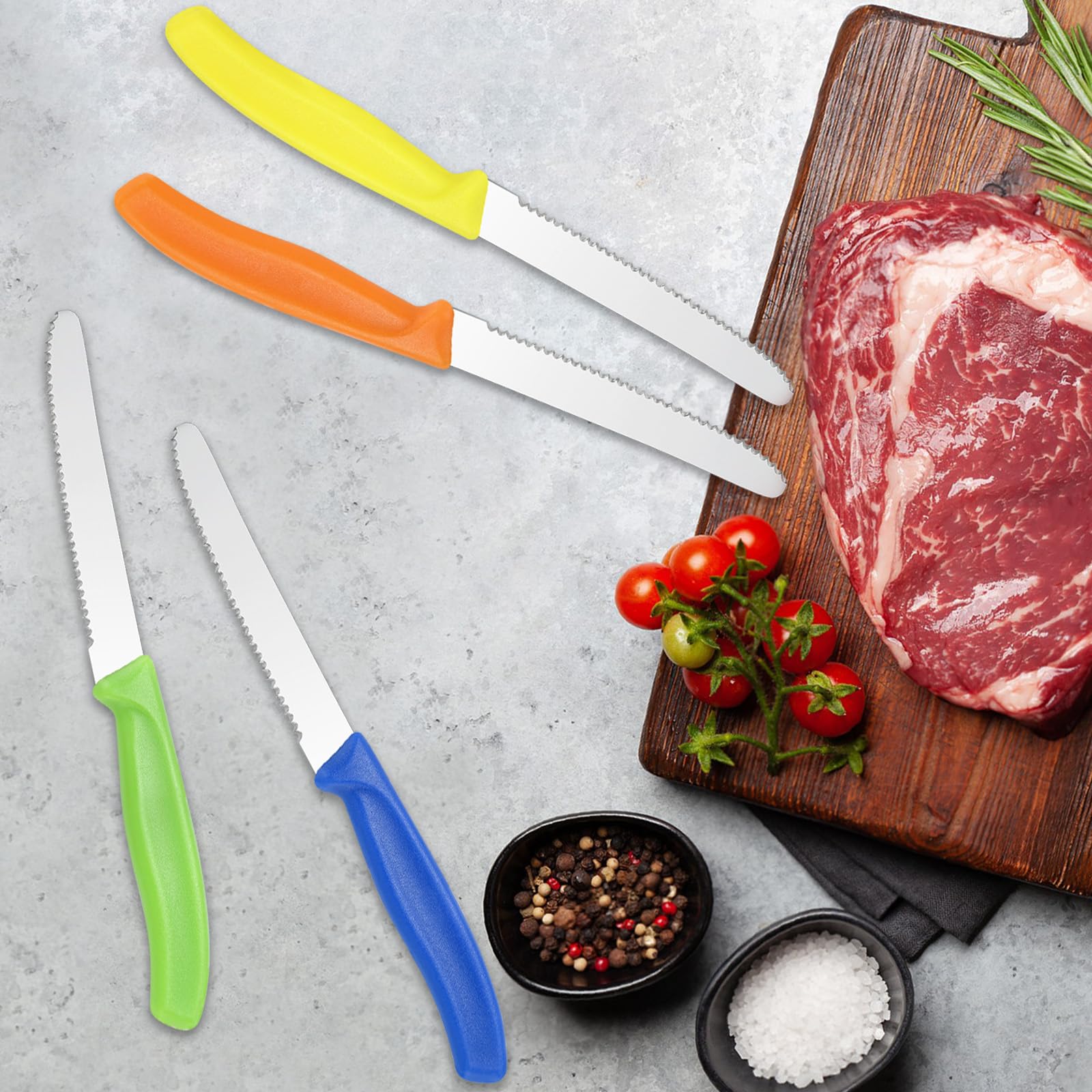 BEWOS 16-Piece Steak Knife Set - 4.4 Inch Serrated Stainless Steel Kitchen Knives with Round Head & Colorful Handles - Dishwasher Safe - Perfect for Steak Dinners, BBQs, and Restaurant Use