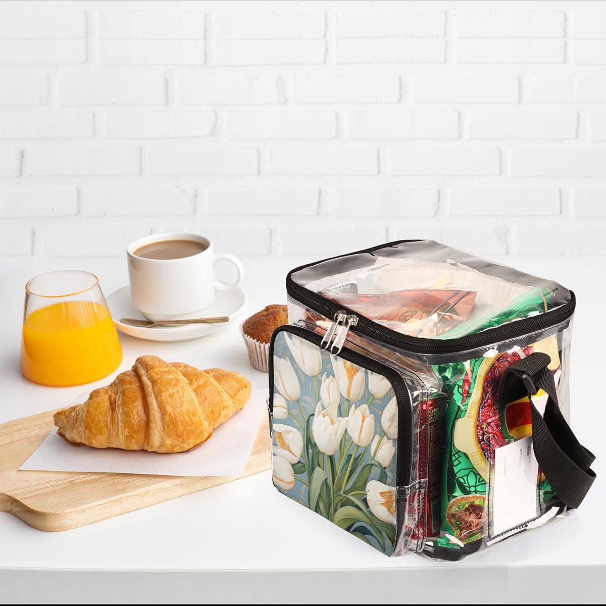 GzLeyigou White Tulips Clear Tote Bag with Handles - Floral Transparent Crossbody Shoulder Bag for Women - Perfect for Outdoor, Travel, Picnic, Concerts & Sports Events (Stadium Approved) - Lunch Bag, Beach Essentials & Shopping Companion