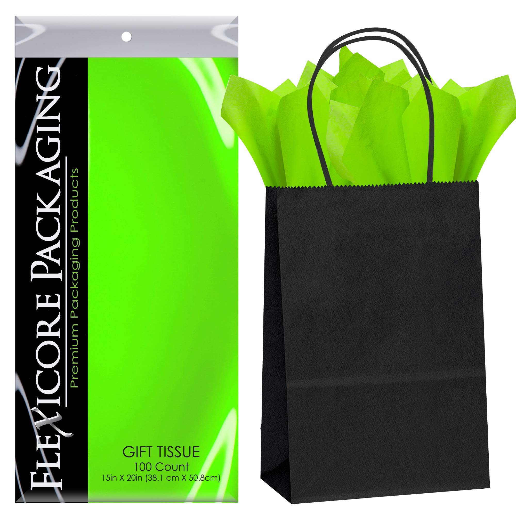 Premium Kraft Paper Gift Bags with Lime Green Tissue Wrap - 5.25
