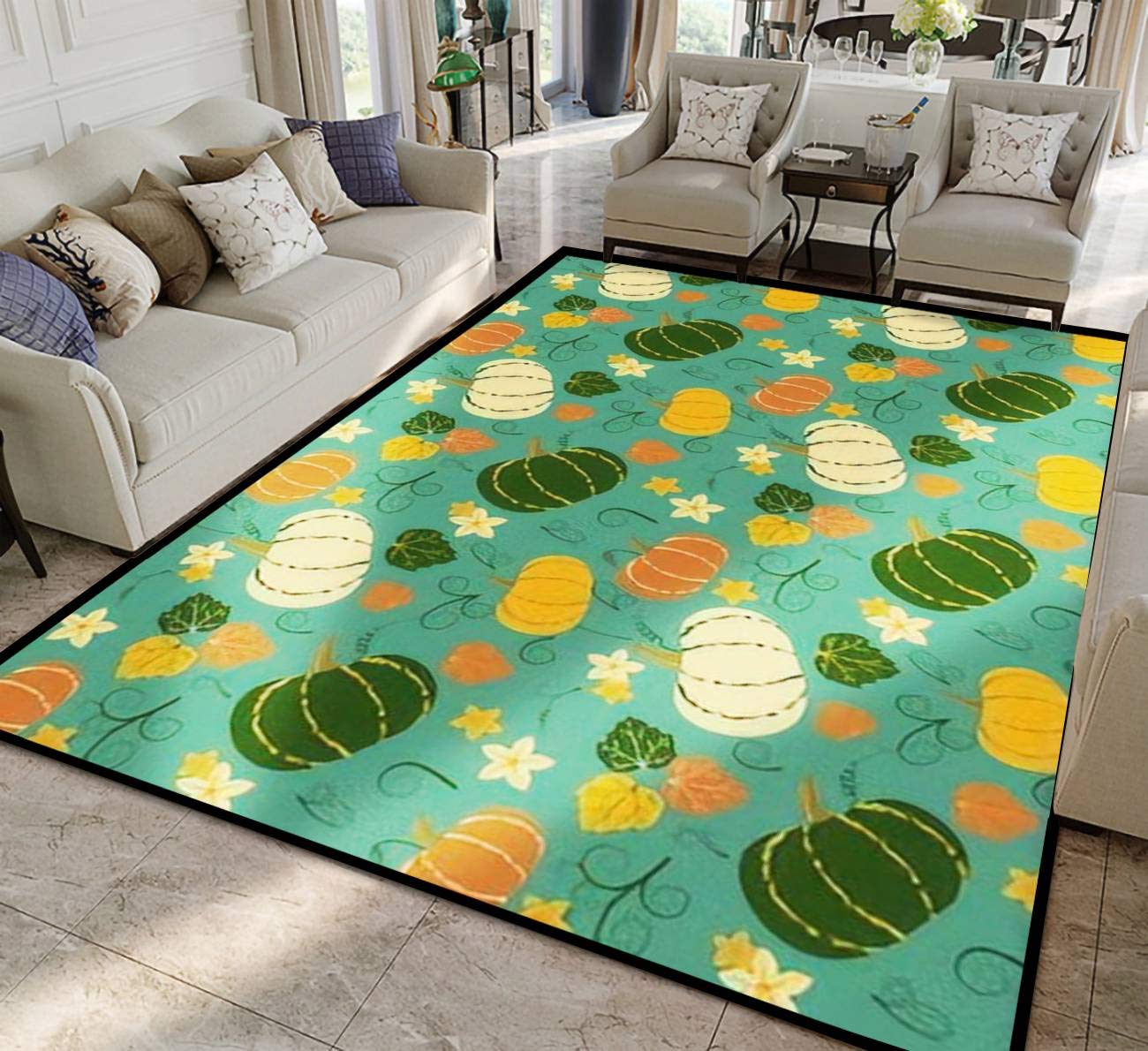 Pumpkin and Leaves Seamless Vector Pattern - Non-Slip Soft Fabric Rug for Indoor/Outdoor Use - Perfect for Living Room, Bedroom, Kids Room, Yoga Mat & Doormat - Modern Home Decor Carpet Mat
