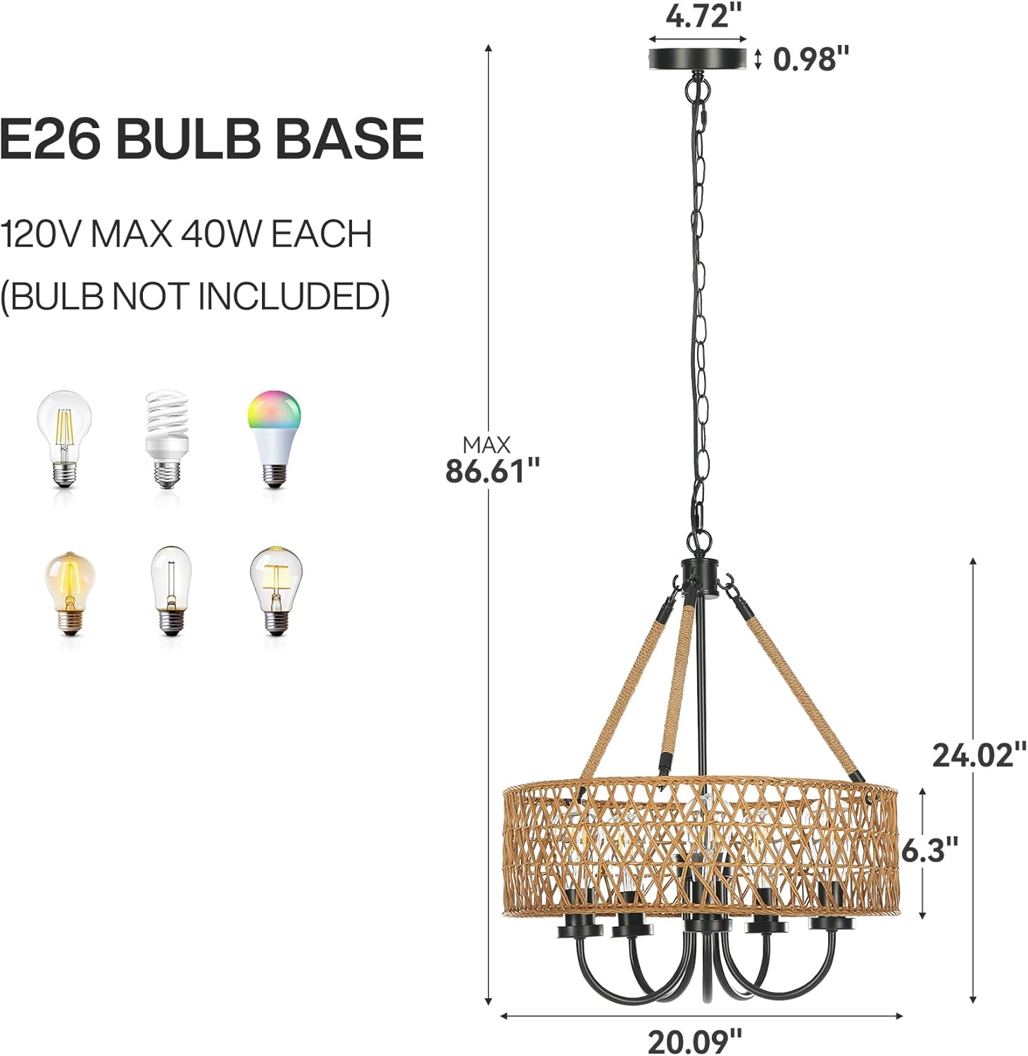 5-Light Boho Chandelier - Handwoven Rattan Pendant Lighting Fixture for Dining Room, Bedroom, or Living Room Decoration