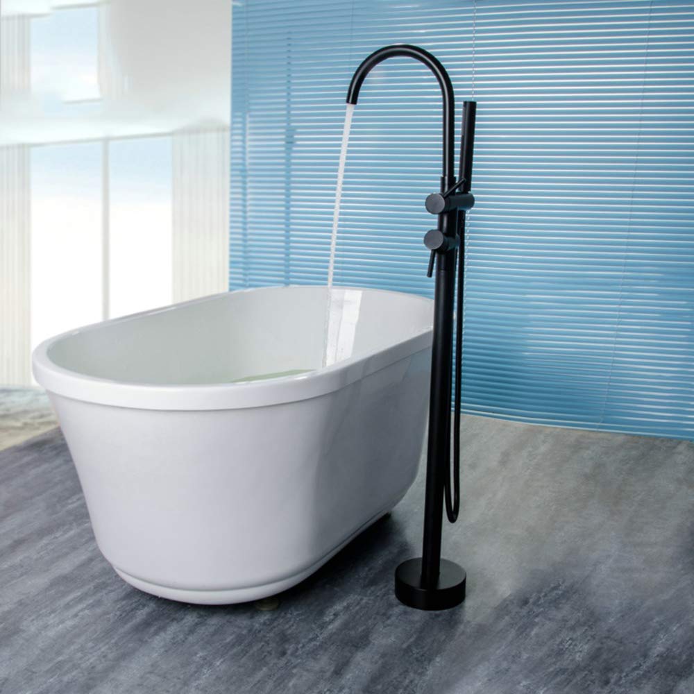 Brass Freestanding Bathtub Faucet with Hot & Cold Water - Double Handle Floor Mounted Bath Shower Mixer with Handheld Showerhead - Brushed Nickel Finish for Modern Bathroom & Spa Relaxation