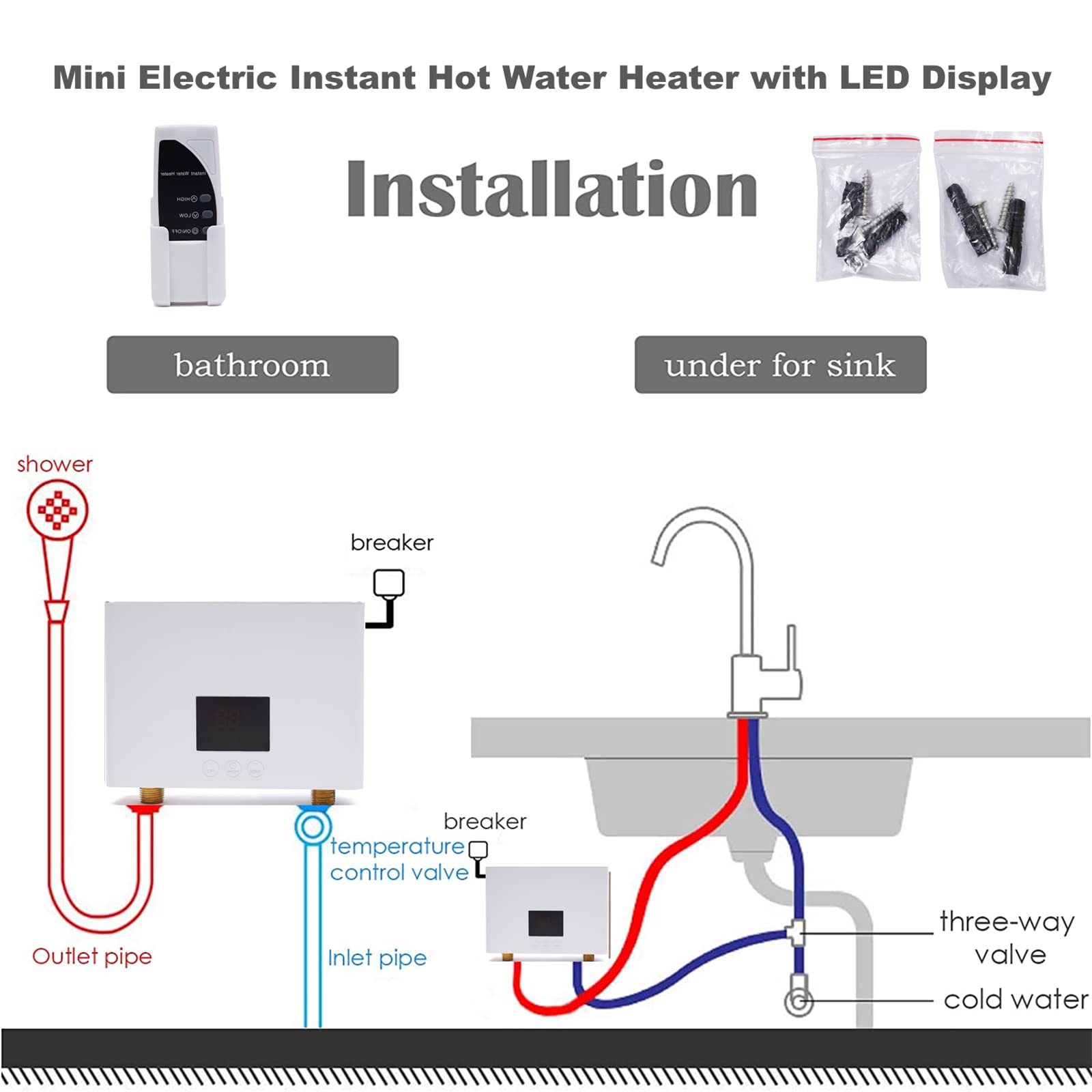 Electric Mini Tank Water Heater - Instant Hot Water On Demand with LCD Display - Compact Tankless Water Heater for Kitchen, Bathroom & RV Use - Perfect for Washing Dishes, Hand Washing & Small Appliances