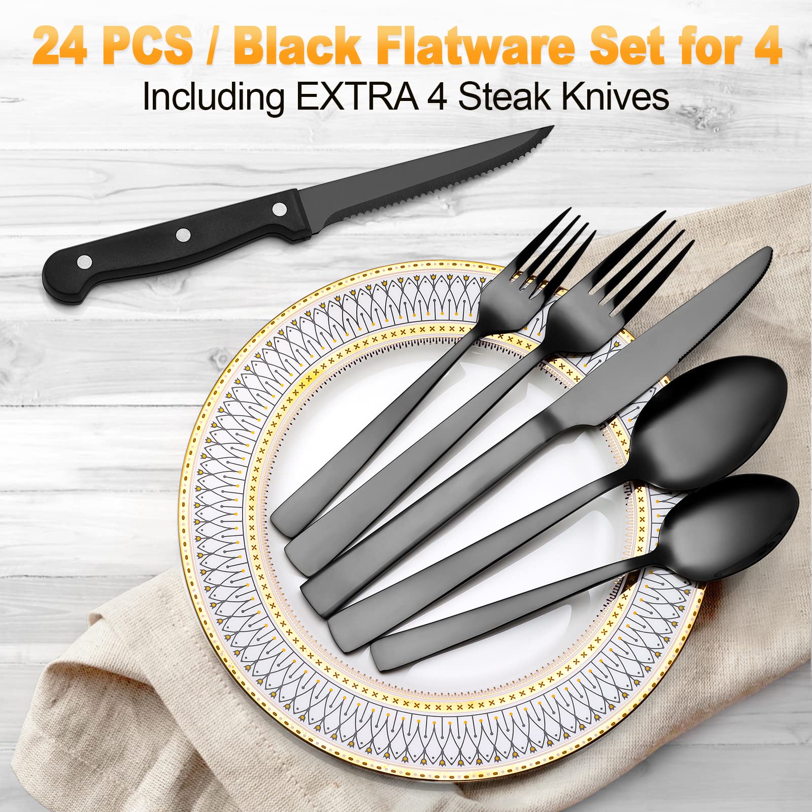 24-Piece Black Silverware Set for 4 with Steak Knives - Premium Stainless Steel Flatware Set for Dining - Elegant Black Cutlery Set for Home & Kitchen - Perfect for Dinner Parties, Restaurants & Daily Use - Hand Wash Recommended