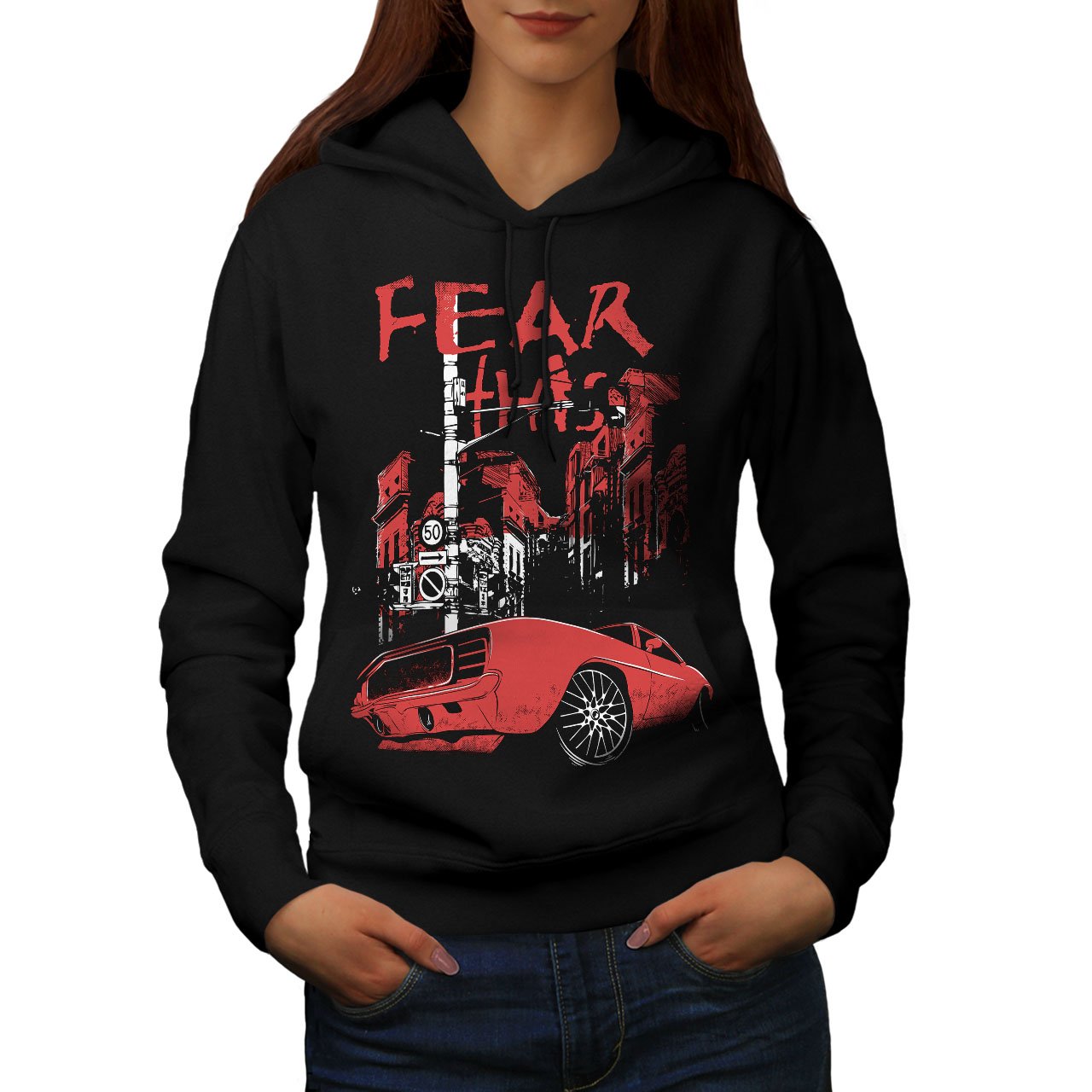 Wellcoda Fear America Art Women's Hoodie - Street Style Pullover Sweatshirt for Casual Wear, Gym & Outdoor Activities