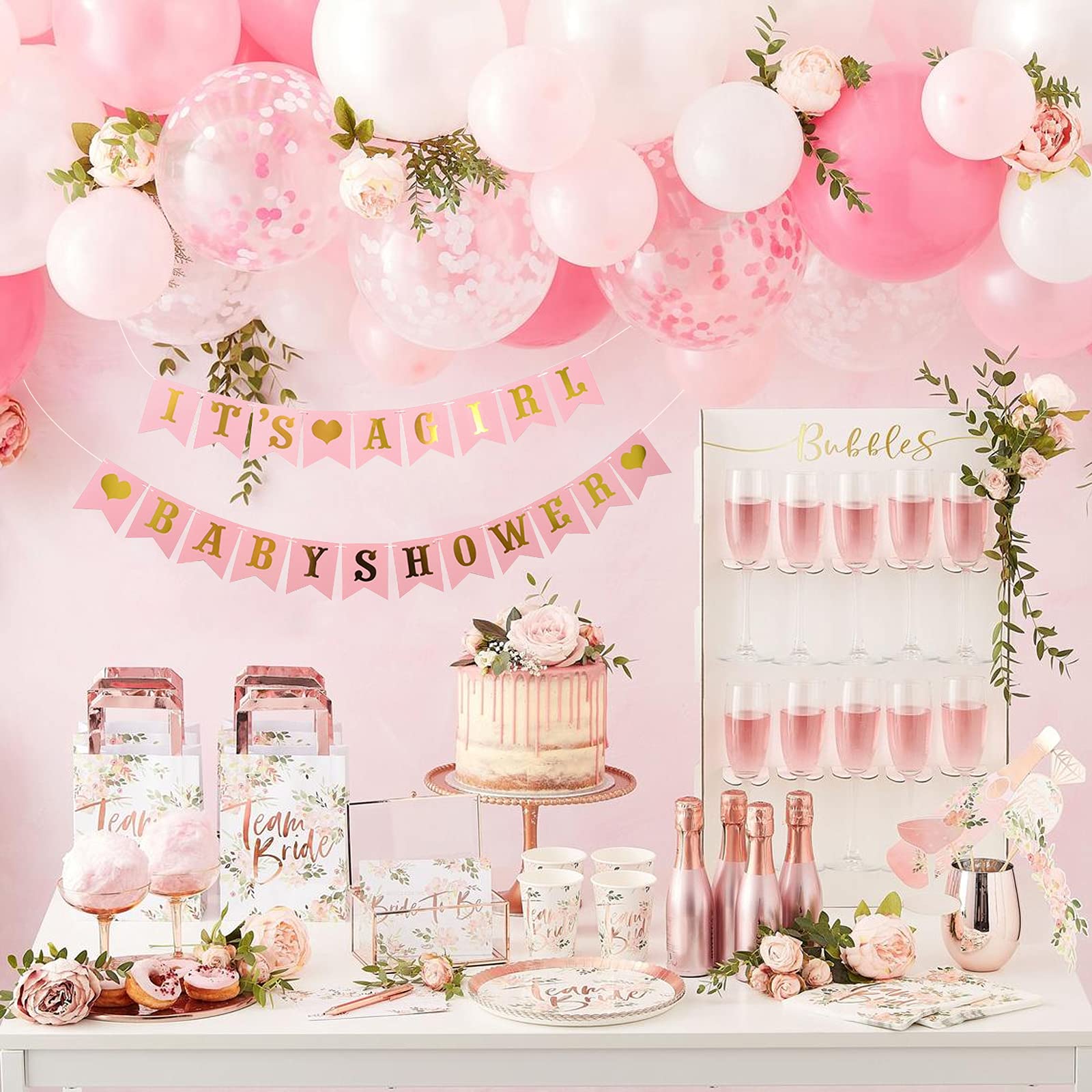 Rose Gold Glitter 'It's A Girl' Baby Shower Banner - Elegant Hanging Pennant Decor for Newborns, Baby Girl Birthday & Shower Parties - DIY Nursery Decoration Supplies - Perfect for Gender Reveals, First Birthdays & Nursery Wall Decor
