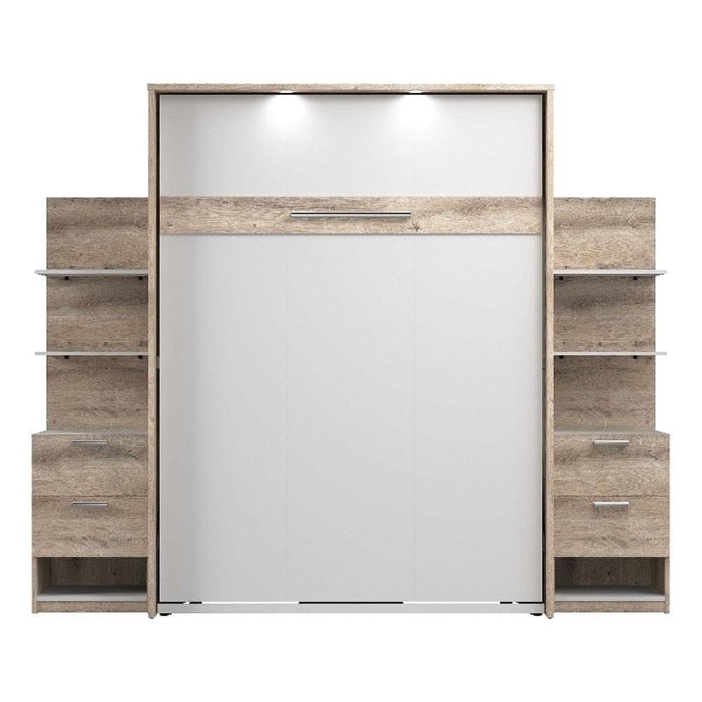 Modern Wood Queen Murphy Bed with Nightstands - Rustic Brown & White Finish - Space-Saving Wall Bed for Small Apartments, Guest Rooms & Home Offices
