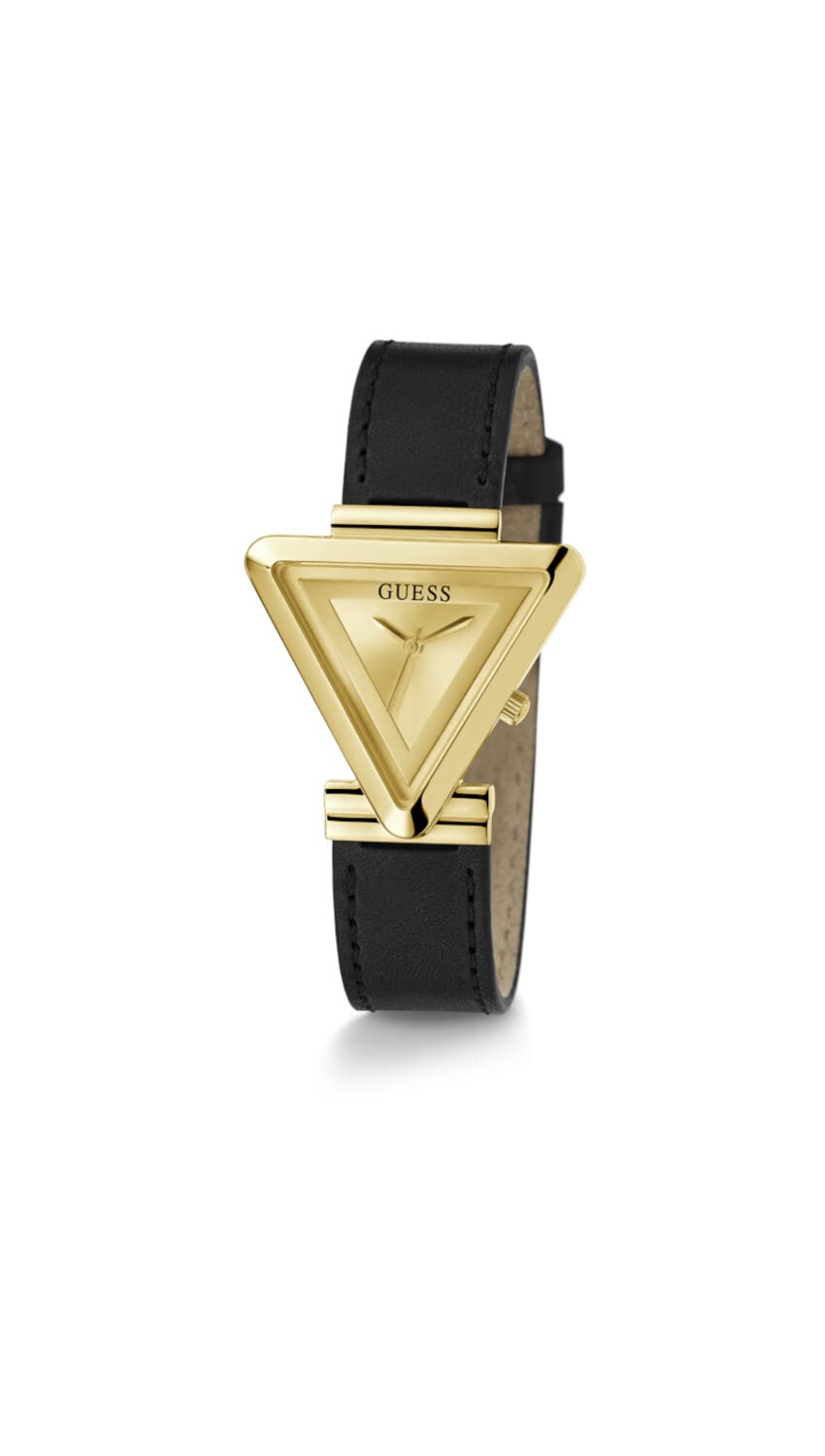 GUESS Ladies 34mm Gold-Tone Watch with Black Leather Strap & Champagne Dial - Perfect for Office, Date Night & Everyday Wear