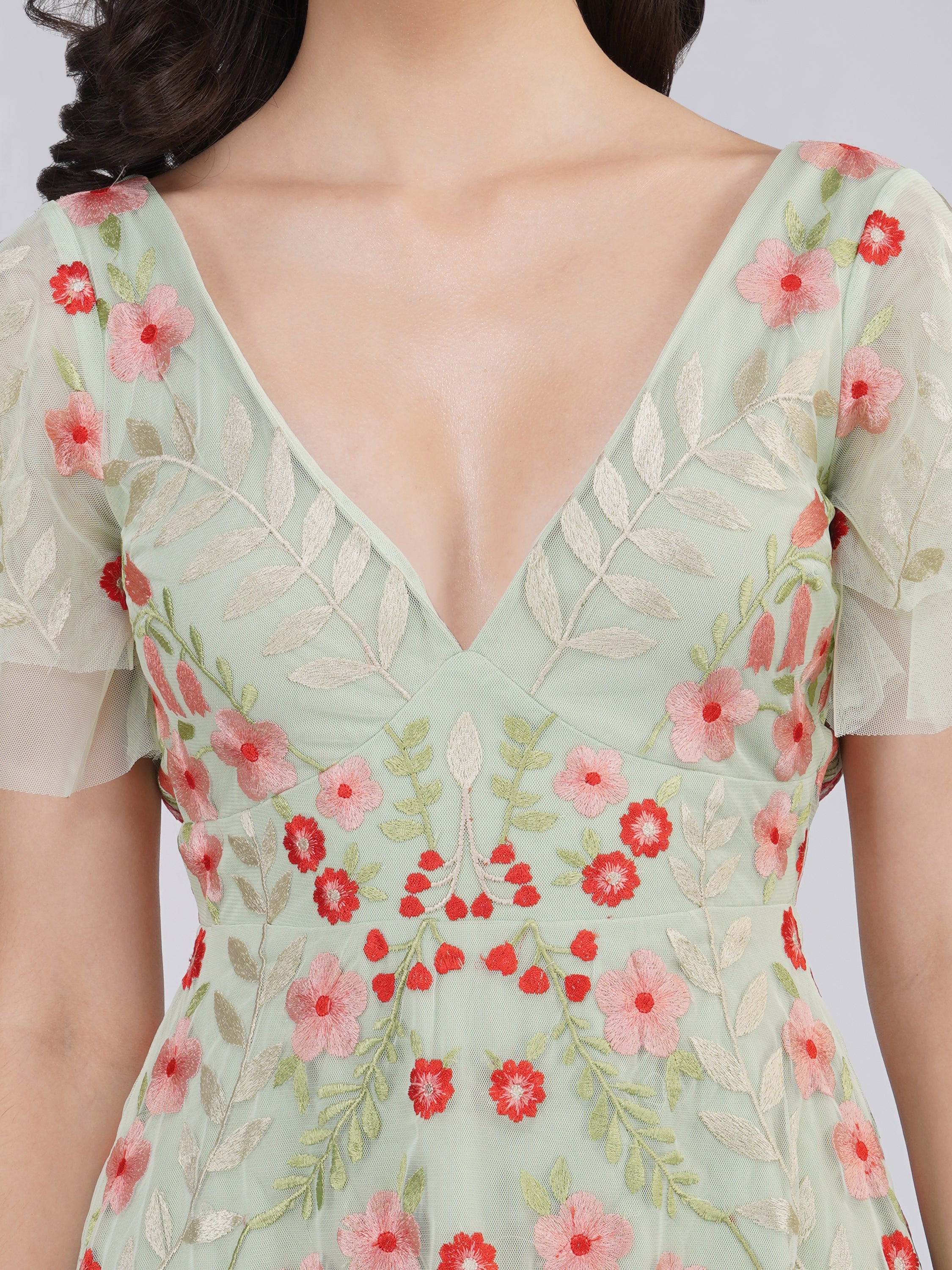 Elegant Calla Sage Green Embroidered Floral Dress for Women | Summer Wedding Guest Dress & Garden Party Outfit