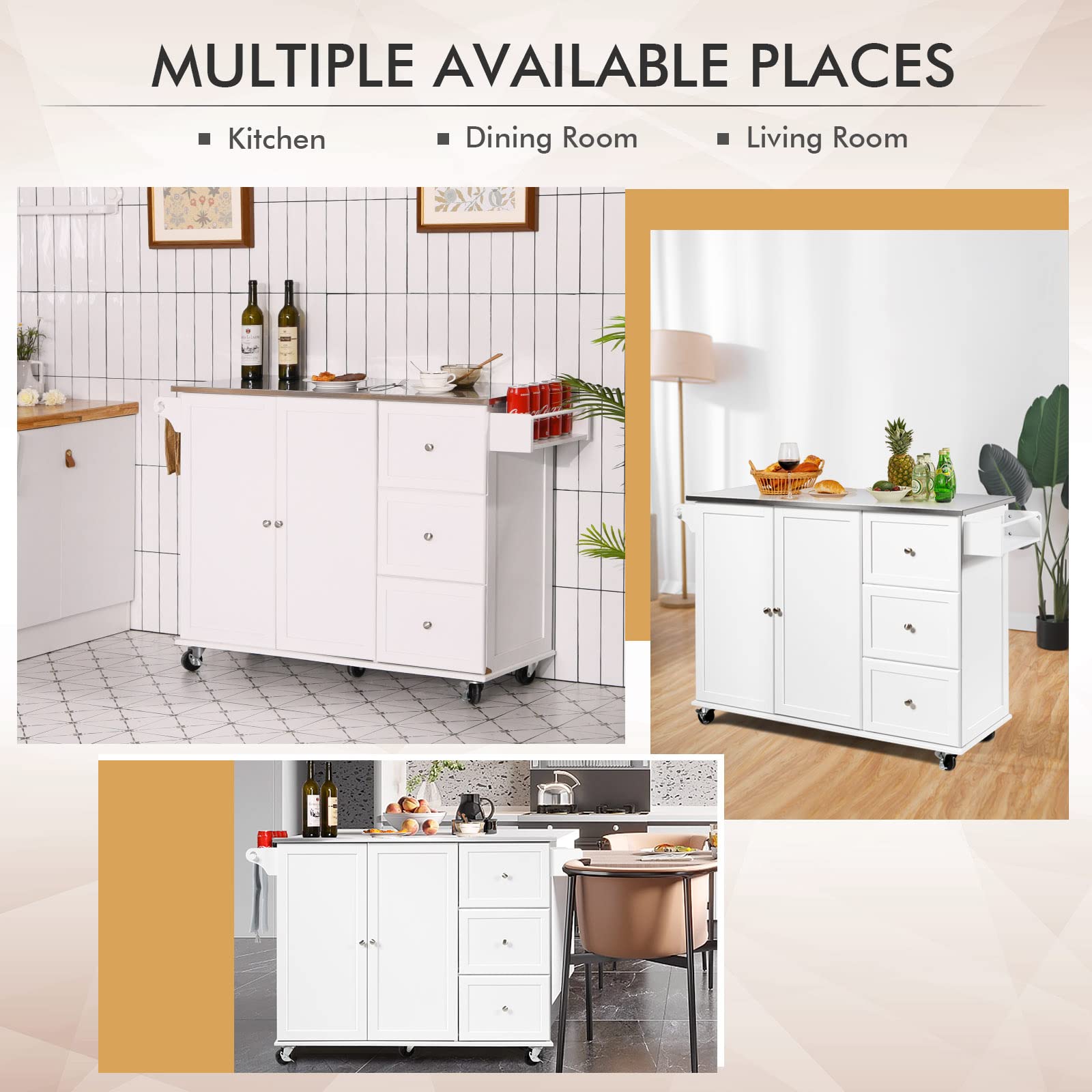 GOFLAME Stainless Steel Kitchen Island Cart with Wheels - Mobile Kitchen Cart with Storage Shelves & Towel Rack - Rolling Kitchen Trolley for Dining Room, Home Kitchen & Restaurant Use (White) - Perfect for Food Prep, Serving & Extra Counter Space