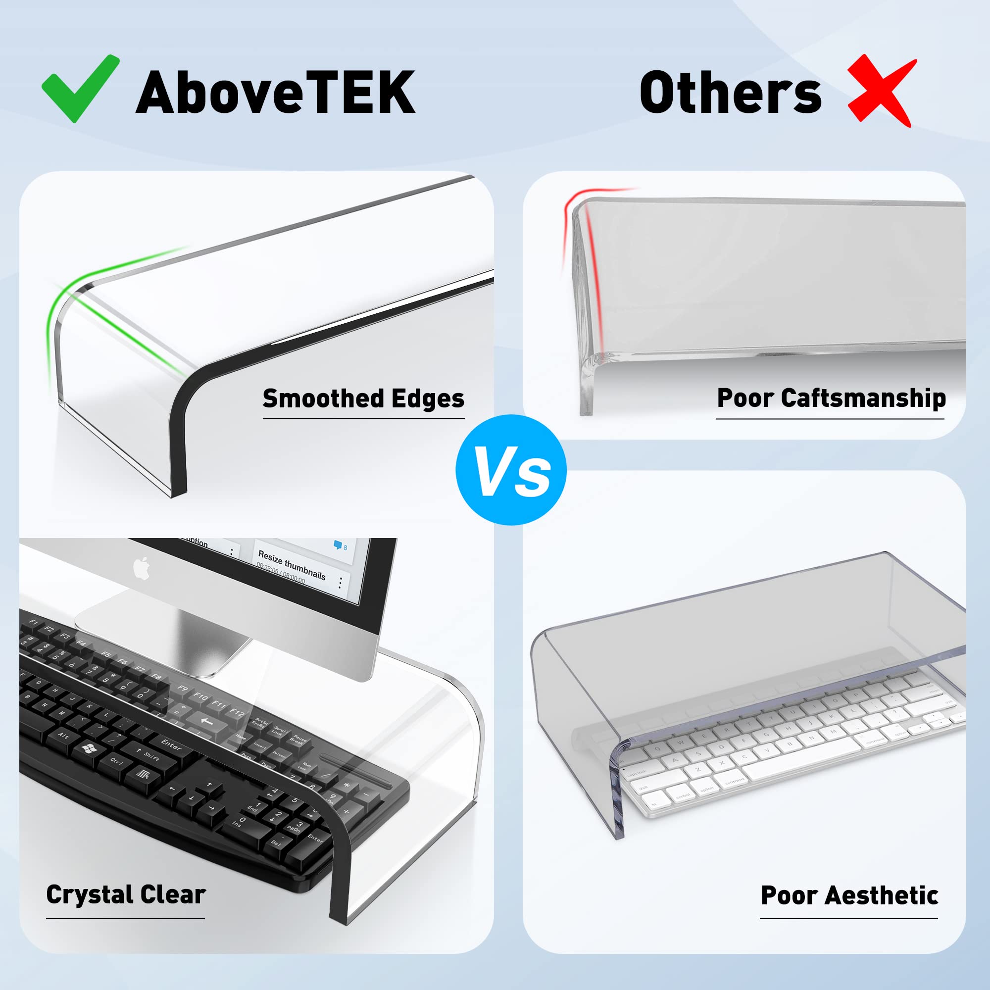 AboveTEK 20-Inch Acrylic Monitor Stand - Premium Clear Computer Riser for Laptop, Keyboard & Printer Storage - Home & Office Desk Organizer for Monitors, TVs & Workspace Setup