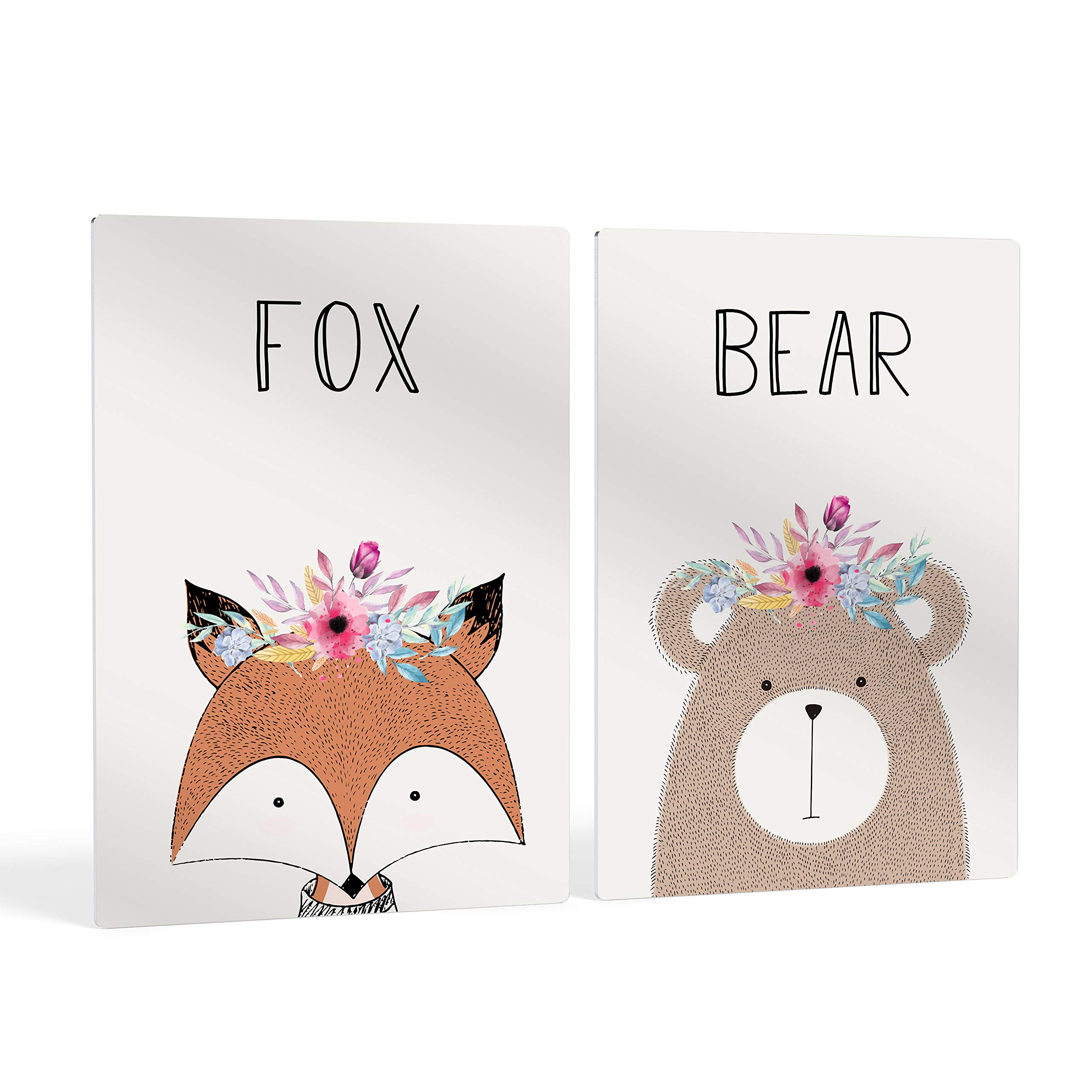 Cute Fox Bear Flower Headpiece Wall Art - 2 Panel Metal Print Set for Nursery & Kids Room Decor - Handmade in USA (40x30 inches) - Perfect for Baby Girl & Boy Bedrooms, Playrooms & Birthday Gifts