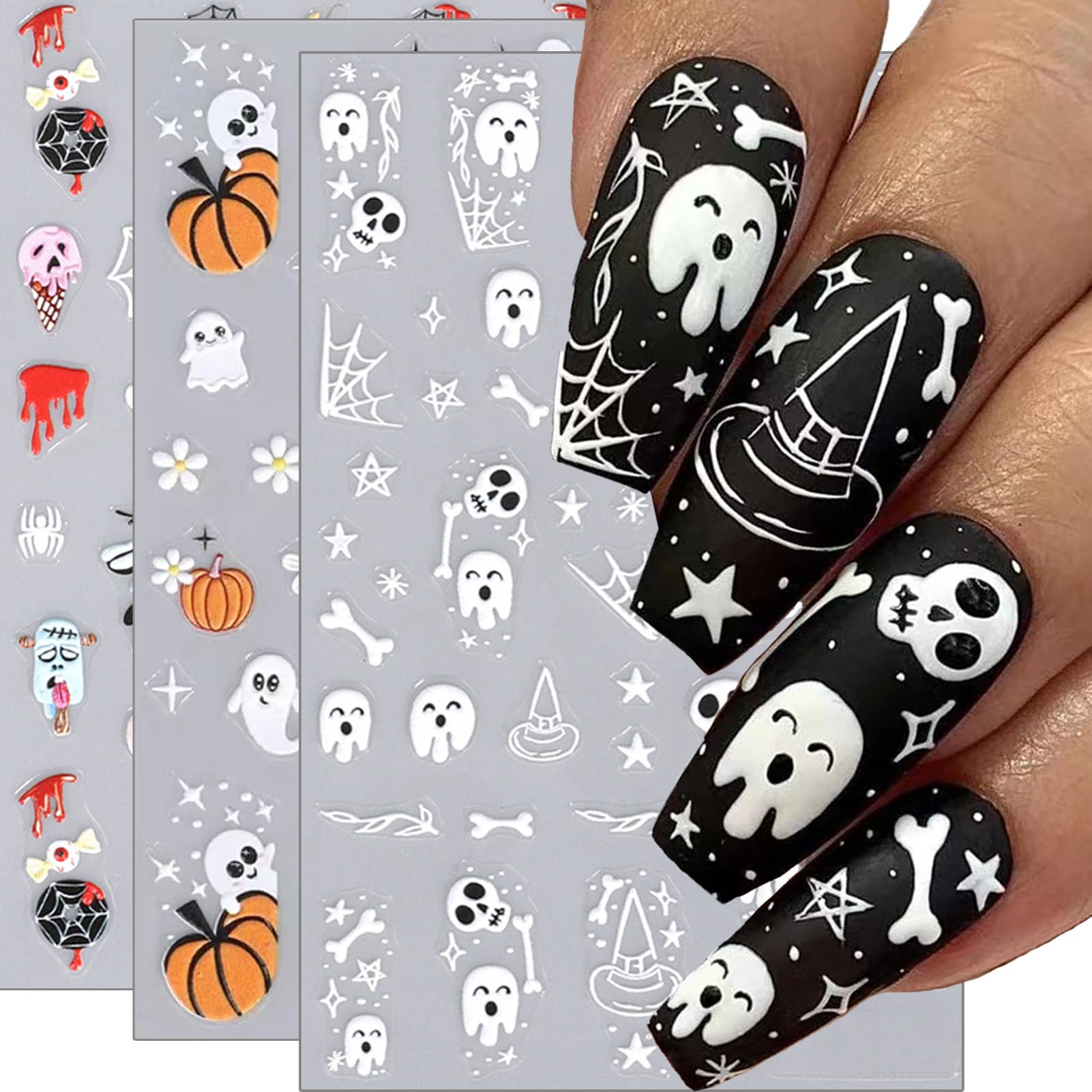 3D Halloween Nail Stickers - 5D Embossed Nail Decals with Pumpkin, Spider Web, Skulls & Eyeballs Designs - Self-Adhesive Nail Art Supplies for DIY Manicure - Perfect for Women, Girls Halloween Parties & Costume Makeup
